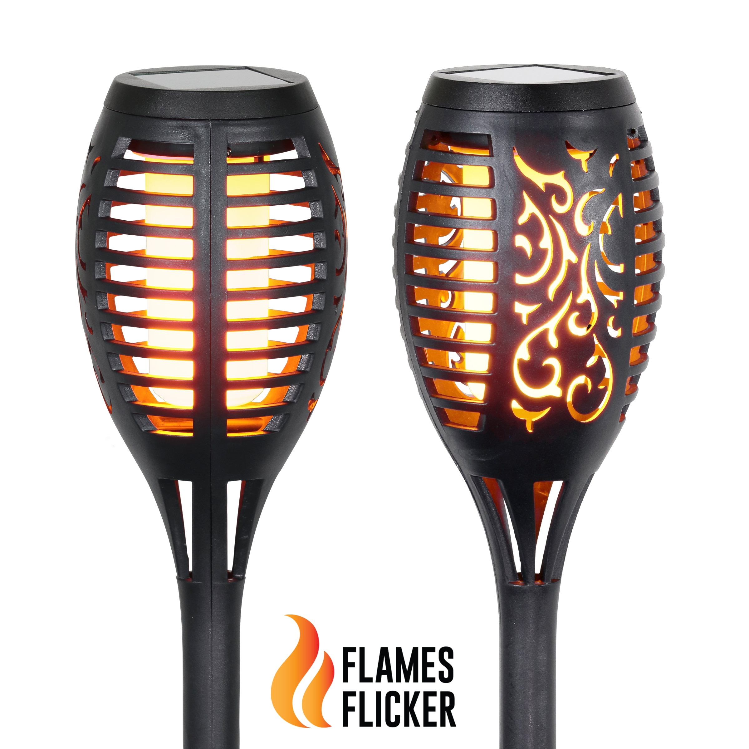 Set of 4 Black Plastic Solar LED Flame Garden Stakes