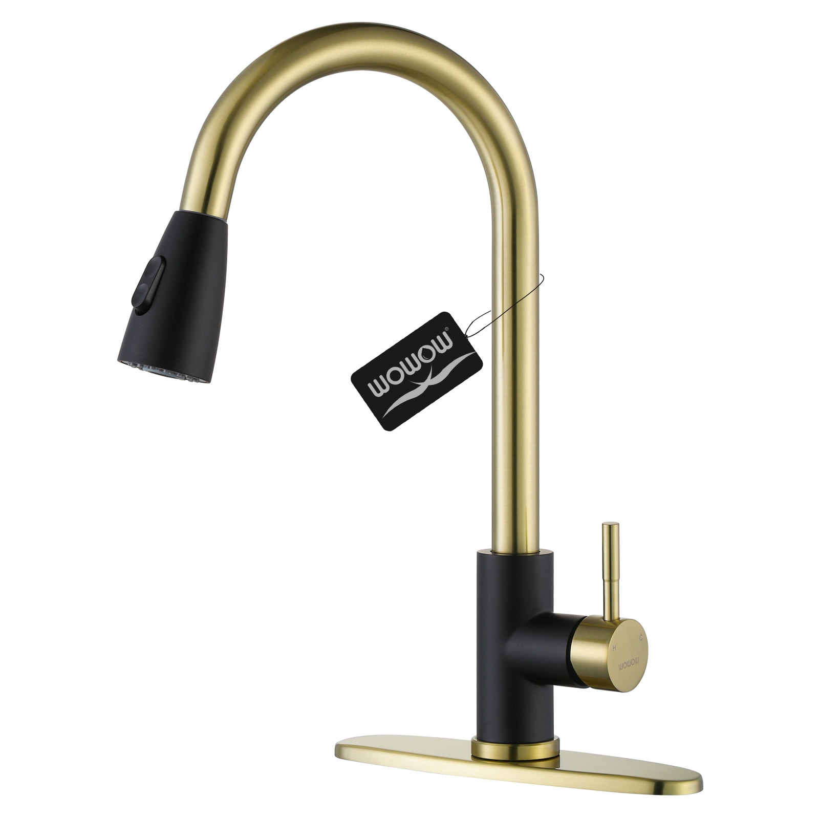 WOWOW pull down kitchen faucet Black and Gold Single Handle Pull-down  Kitchen Faucet with Deck Plate in the Kitchen Faucets department at 