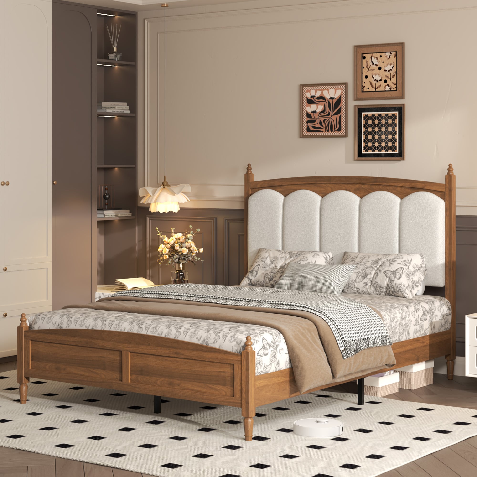 JUSHUA - Queen Size Platform Bed Frame with Upholstered Headboard Mid-Century Style Brown