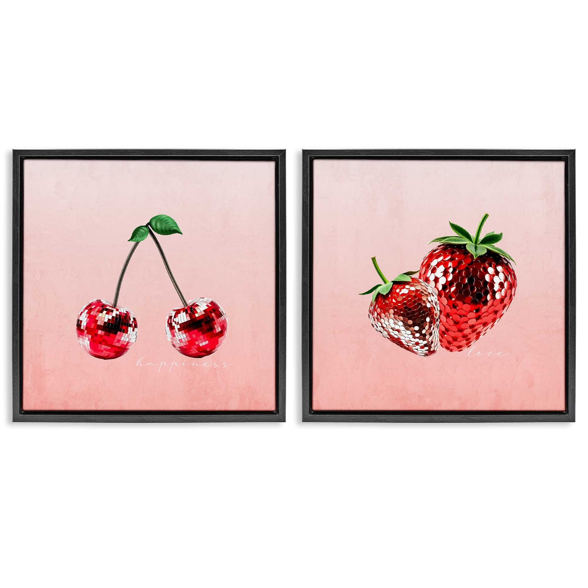 Stupell Industries B2-784-FFB-2PC-17X17 Happiness and Love Disco Fruits 2 Piece Black Framed Floater Canvas Set By Kim Allen 18 x 18