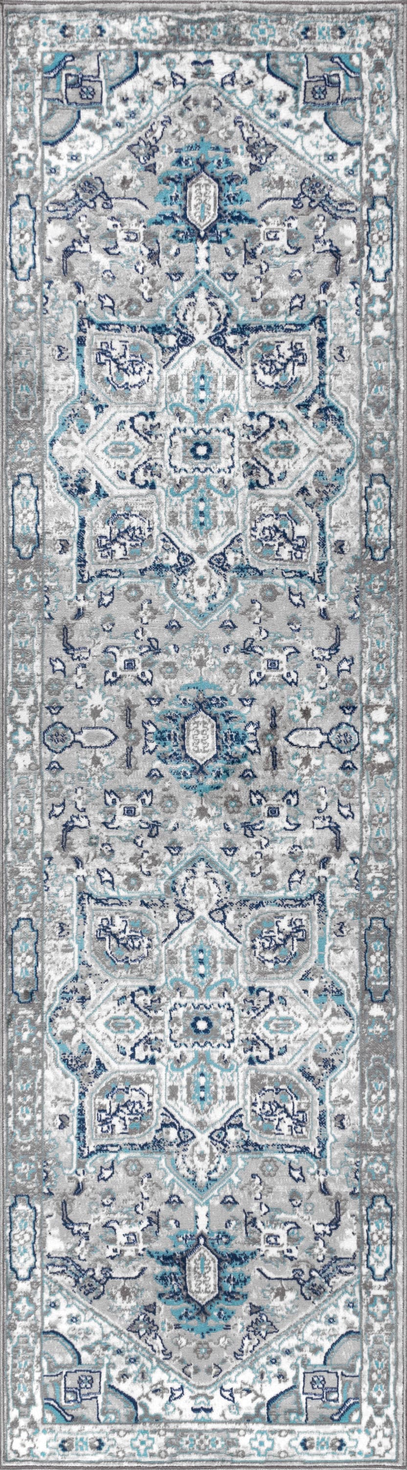 Light Grey/Blue Modern Persian Medallion 2x8 Runner Rug