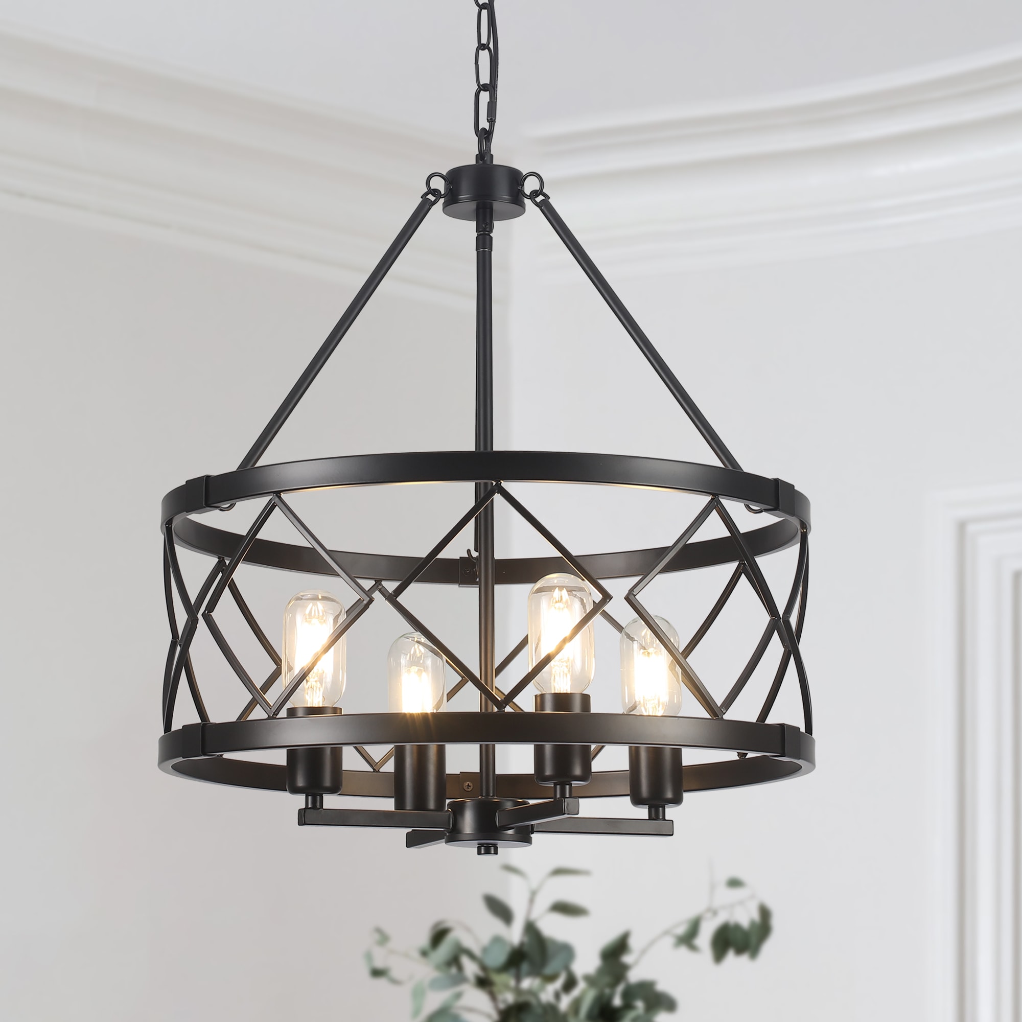 HLJYNJM 17.71-inch Black Metal Drum 4-Light Farmhouse Chandelier Cage Hanging Lighting Fixture for Kitchen Foyer