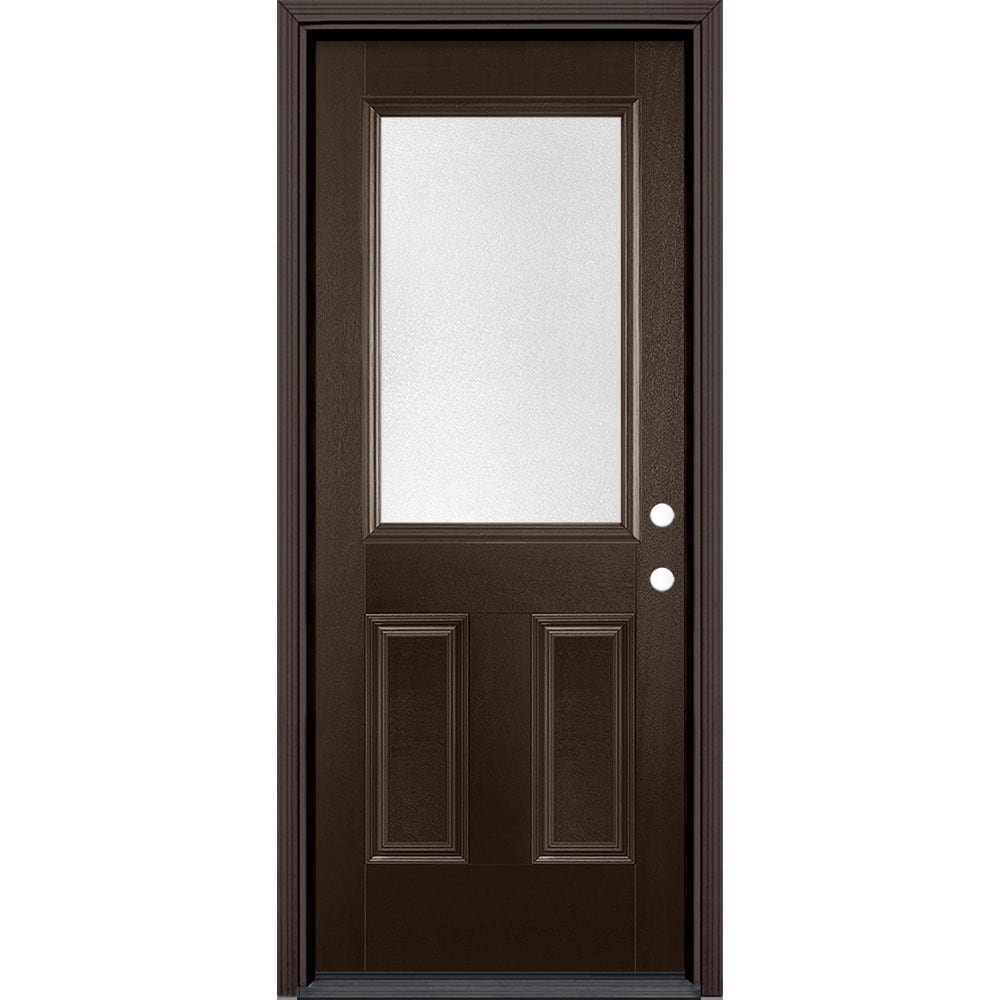 Masonite 629243 32-in x 80-in x 4-9/16-in Fiberglass Half lite Left-hand inswing Walnut Stained Prehung Front Door with Brickmould Insulating core