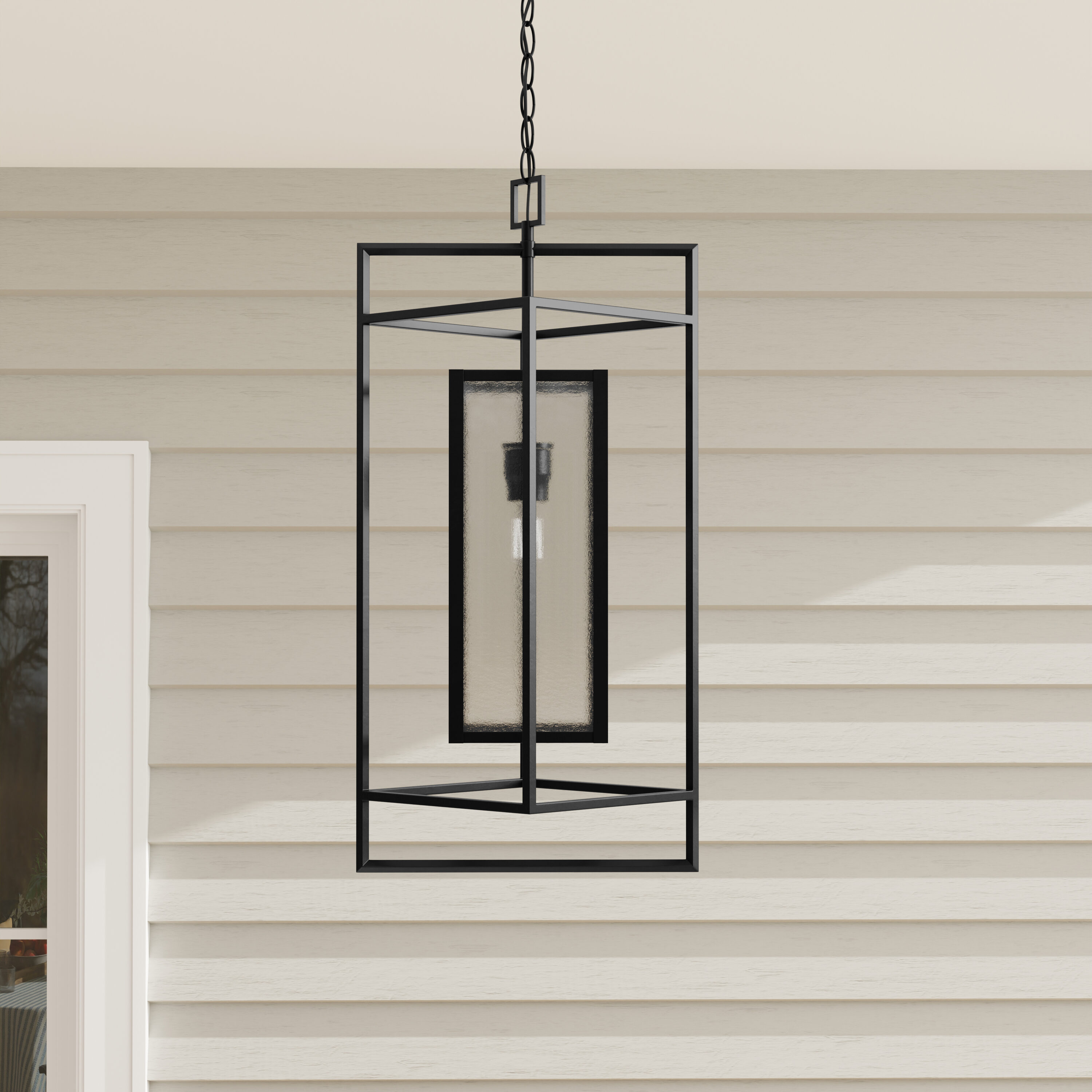 Matte Black Seeded Glass Outdoor Hanging Pendant Light