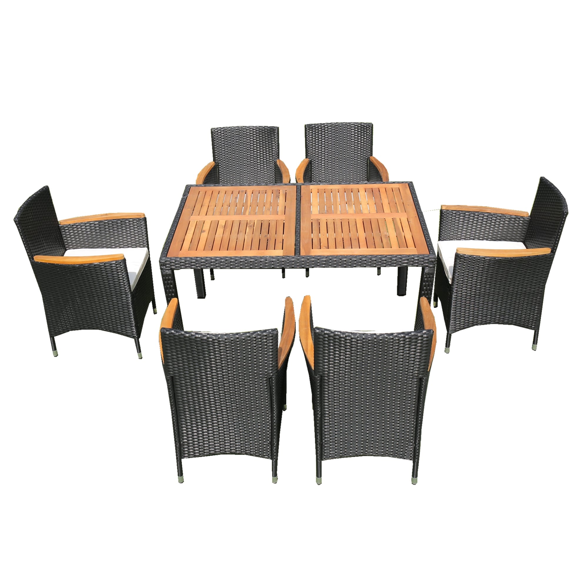 Nestfair PD20006B 7 -Piece Black Wicker Patio Dining Set Rattan Rectangle Table with 6 Off-white Cushions Stationary Chairs