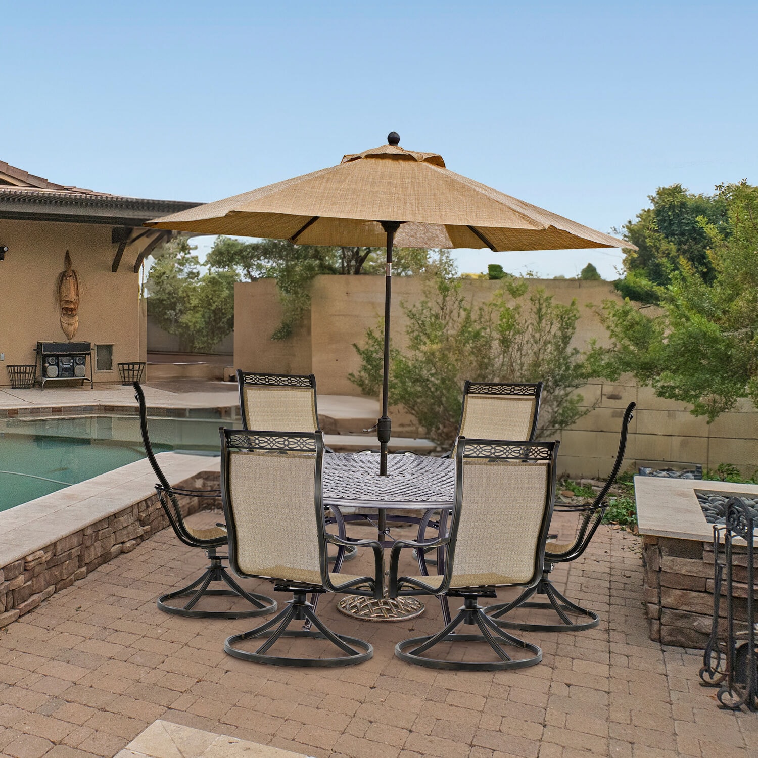 Hanover MANDN7PCSWRD6-SU Manor 8 -Piece Bronze Patio Dining Set Aluminum Round Table with 6 Tan Stationary Chairs and Umbrella Included