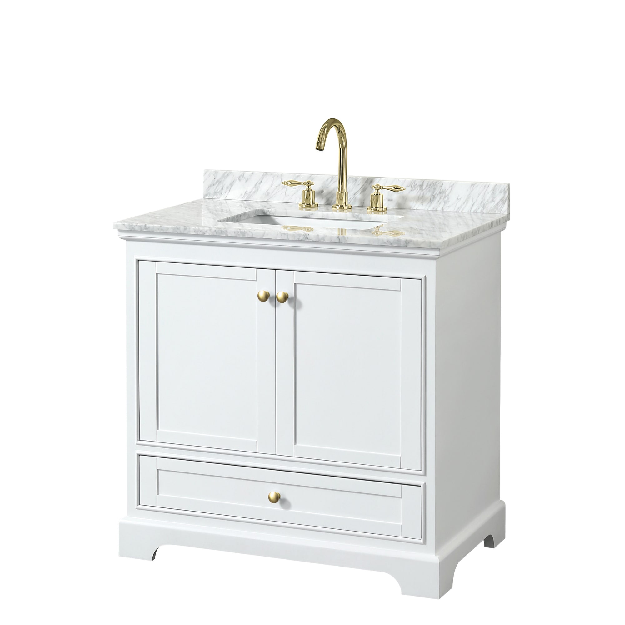 Wyndham Collection WCS202036SWGCMUNSMXX Deborah 36-in White with Brushed Gold Trim Undermount Single sink Bathroom Vanity with White Carrara Marble Marble Top