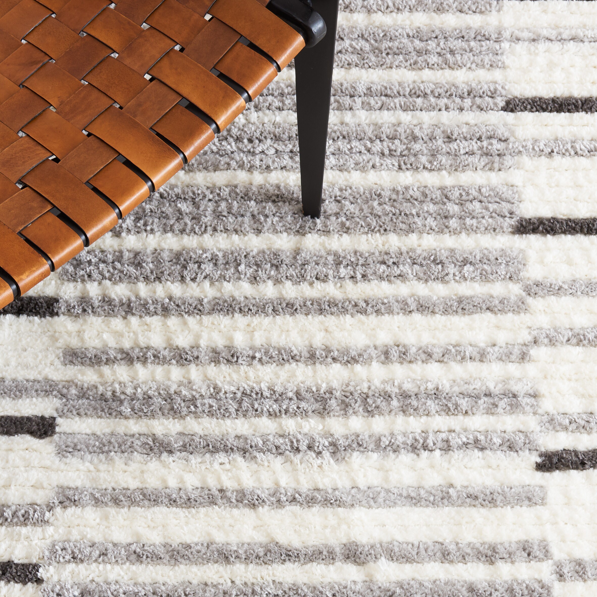 Ivory and Gray Hand-Knotted Synthetic Rectangular Rug