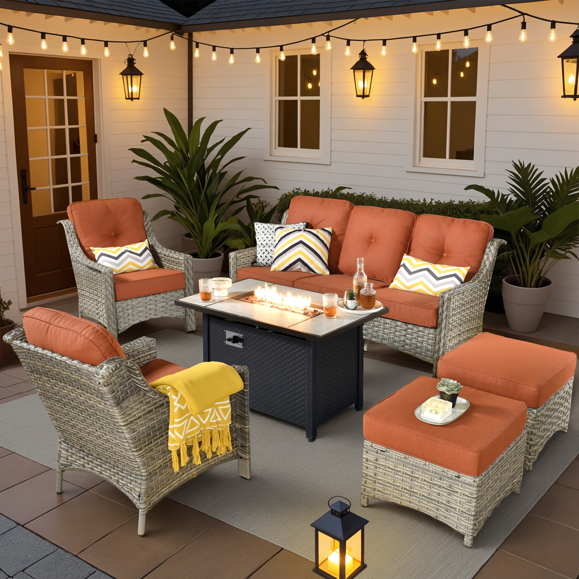 Pouuin SDFPAD8C06 6 -Piece Wicker Patio Sofa Conversation Set with Red Cushions