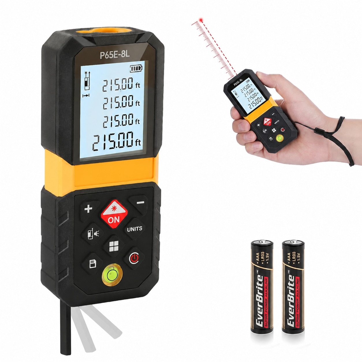 Linder Group Inc Laser measure 215 foot digital distance measuring tool with diagonal extension mute function area volume Pythagorean mode 100 set memory large #L3GH3MOX