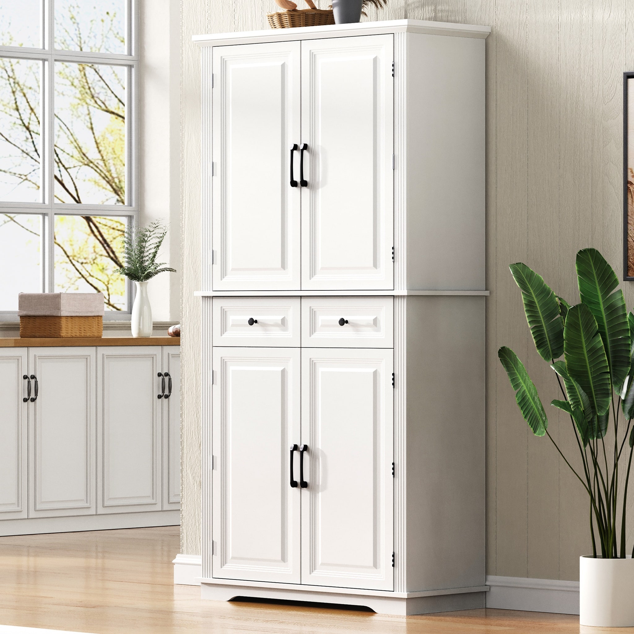 JCFL 71in White Embossed Tall Kitchen Pantry Cabinet with 3 Pull Out Cabinet Organizers