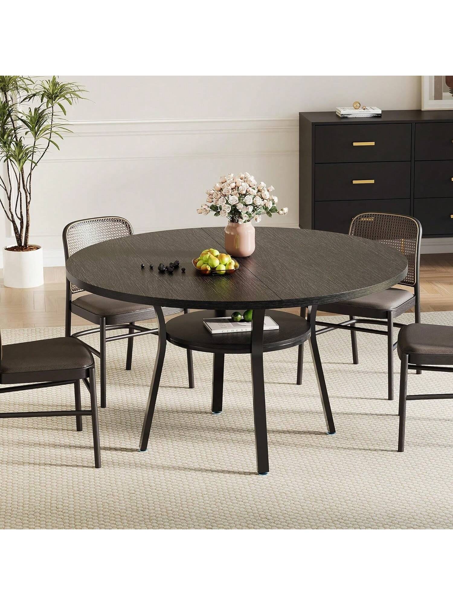 Garvee 47 Inch Round Dining Table for 4 to 6 Farmhouse Kitchen Table with Sturdy Metal Frame Space Saving Circle Dinner Room Table for Kitchen Living Room Dining Room Table Only