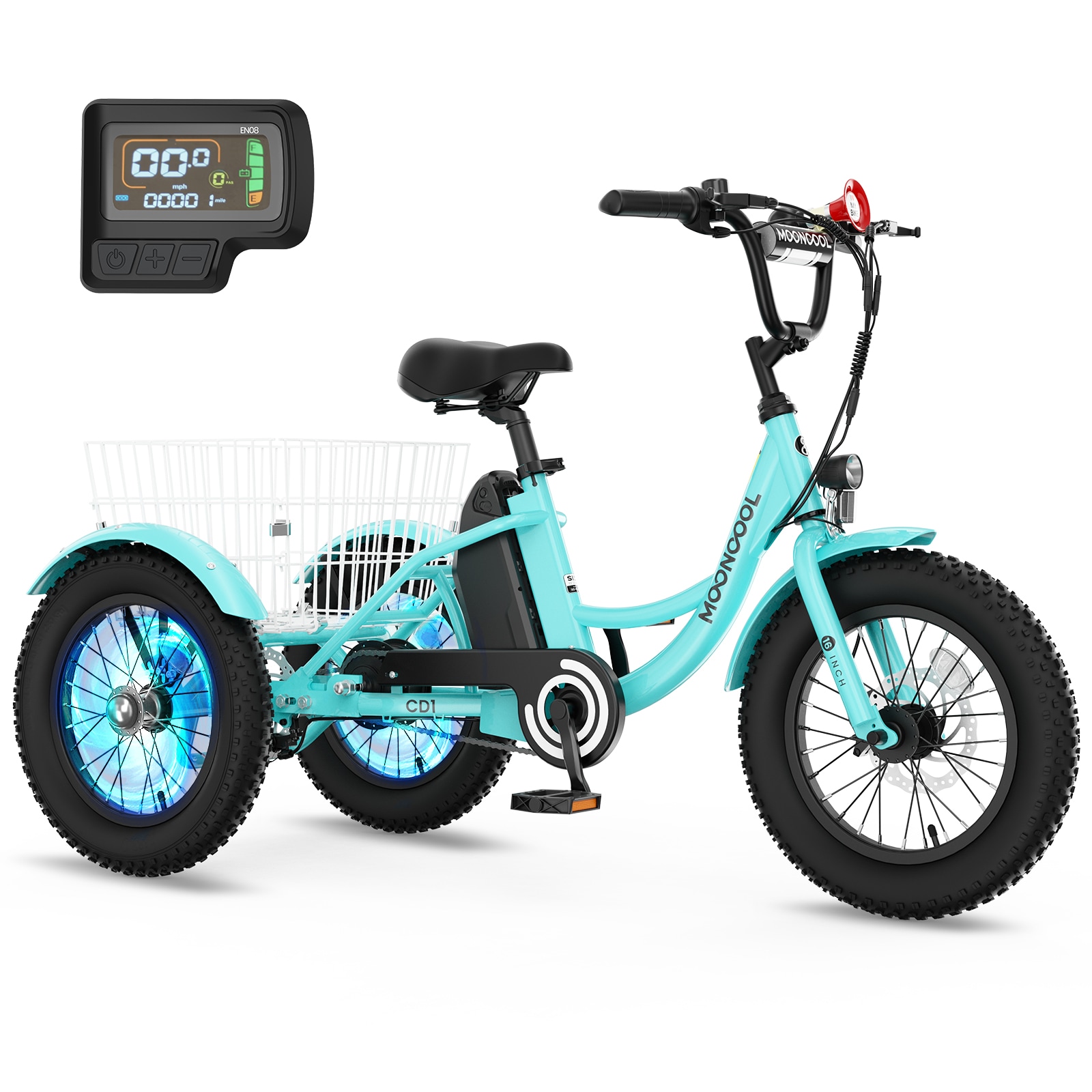 MOONCOOL  16 × 3 inch Youth Fat Tire 3-Wheel eBike Electric Trike with Removable Battery and Basket Cyan