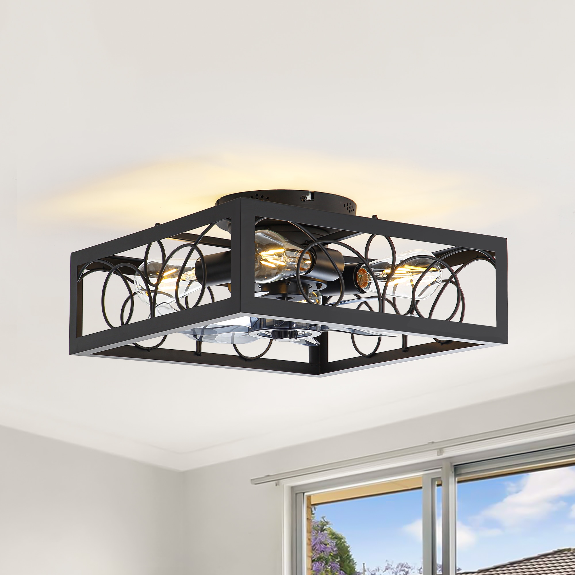 Breezary 35033-BK Square-framed 16-in Flush Mount Matte Black with Gray Blades Cage Ceiling Fan With Light - Remote Included ( 7 -Blade )