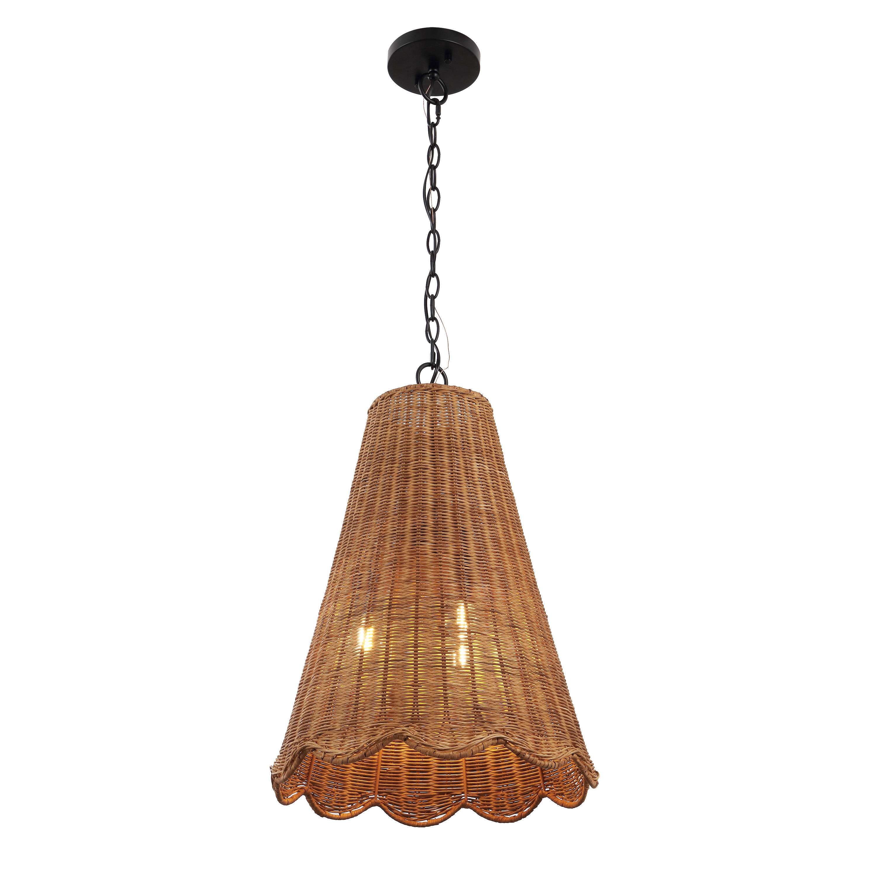 JONATHAN  Y Maria 16-in. 3-Light Coastal Bohemian Adjustable Hand-Woven Rattan Tapered Scalloped Cylinder LED Pendant - Brown/Black