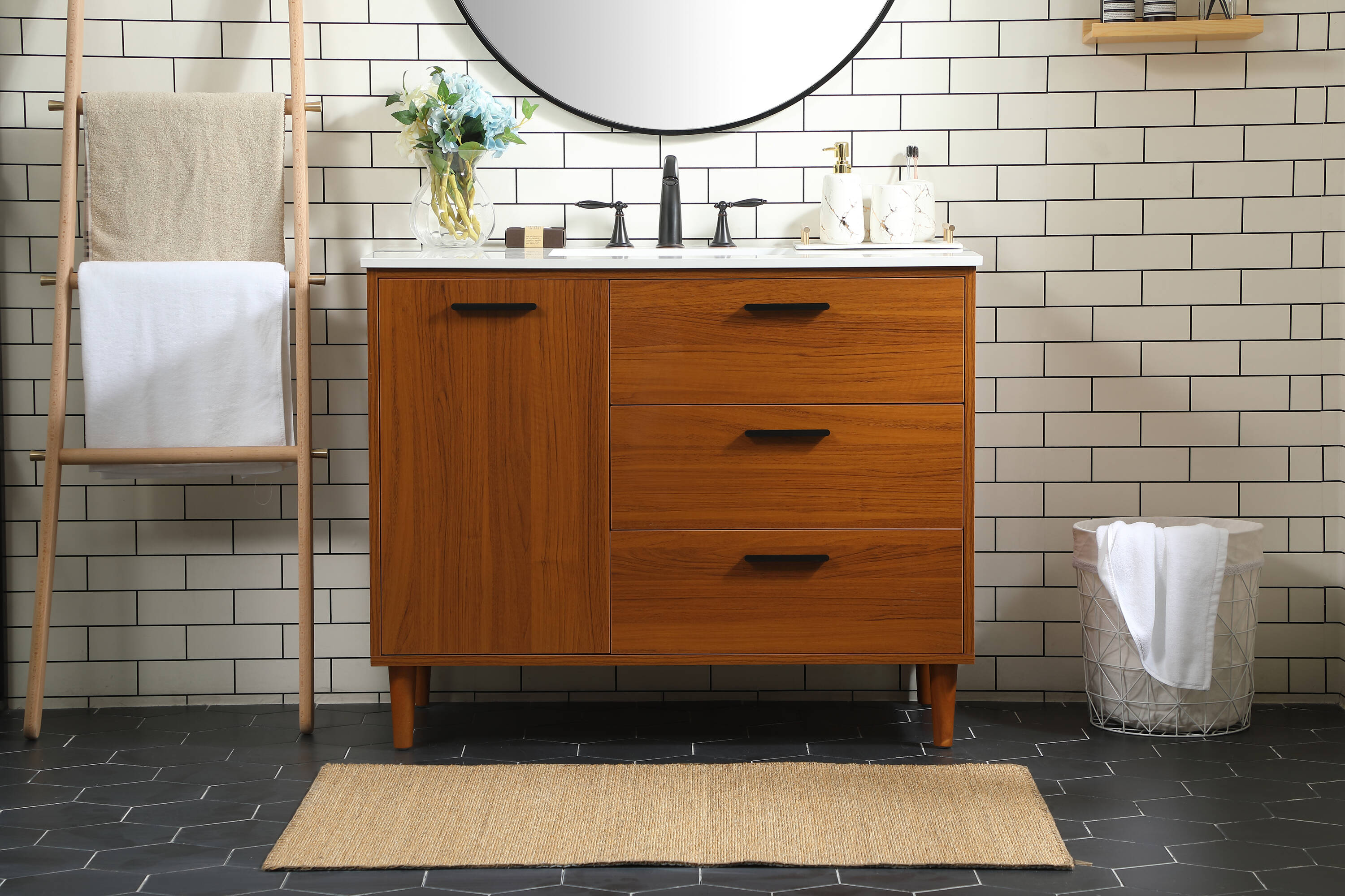 Teak and Black 42" Freestanding Single Vanity with Marble Top