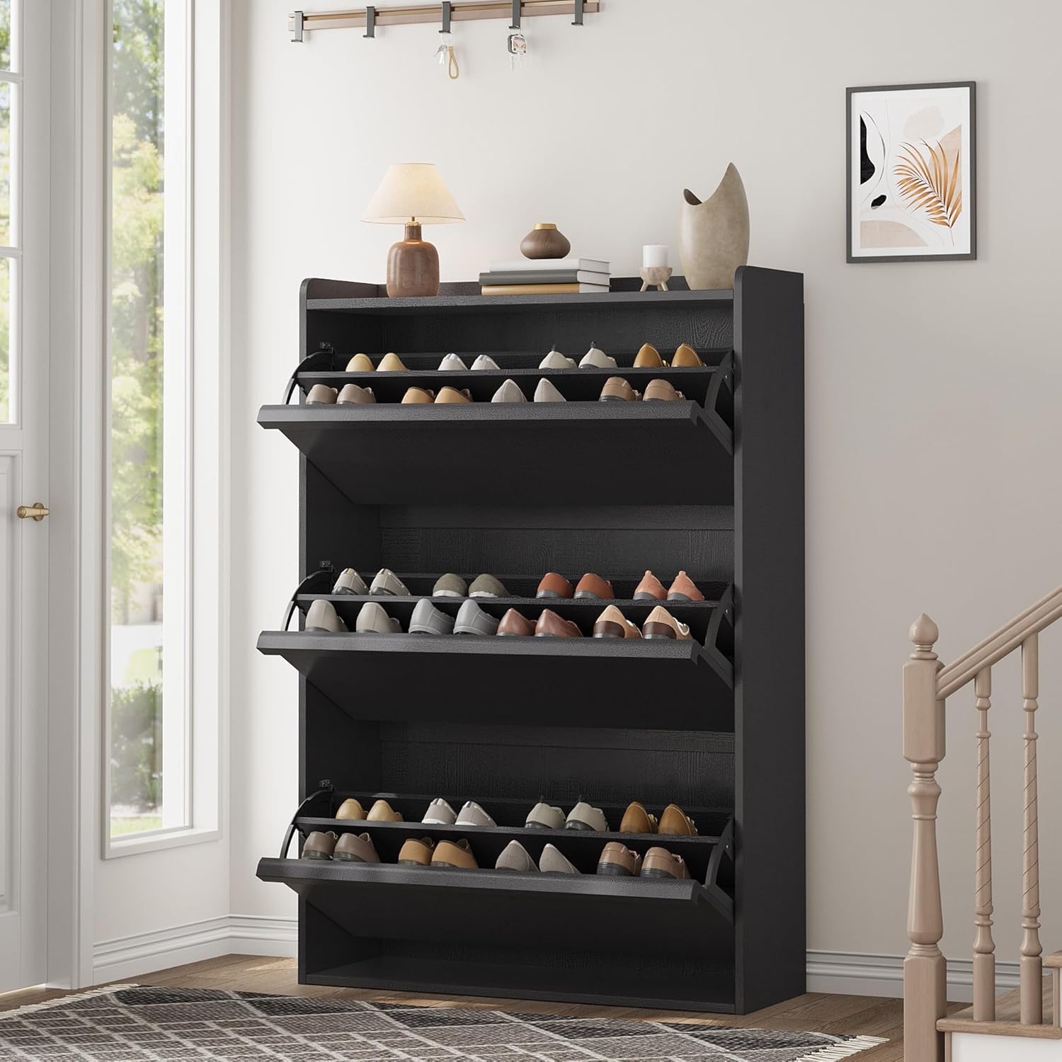 GAOMON Wooden Shoe Cabinet with 3 Flip Drawers with Adjustable Shelf Black