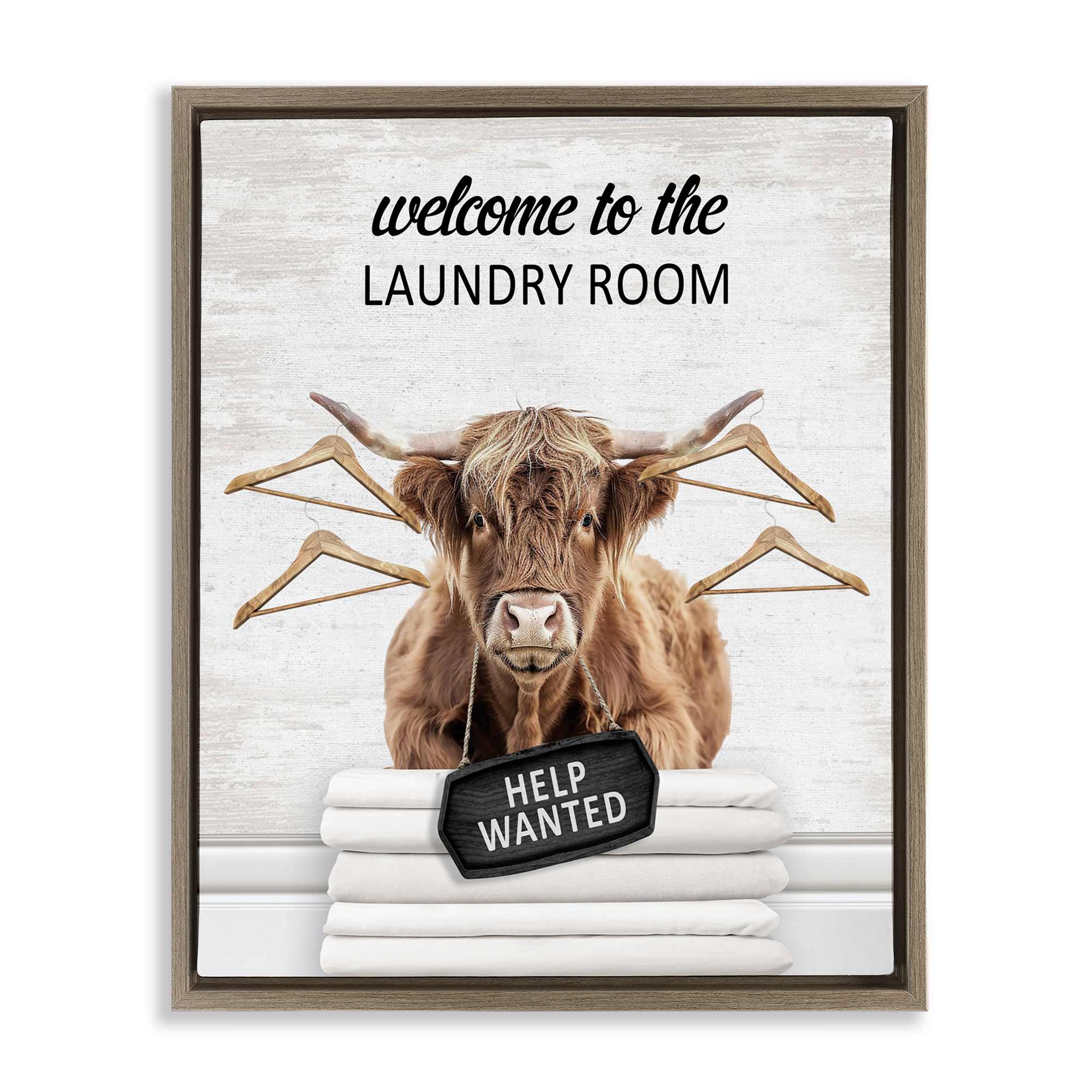 Stupell Industries BS-889-FFE-16X20 Welcome Laundry Room Cattle Brown Framed Floater Canvas Wall Art By Lettered and Lined 17 x 21