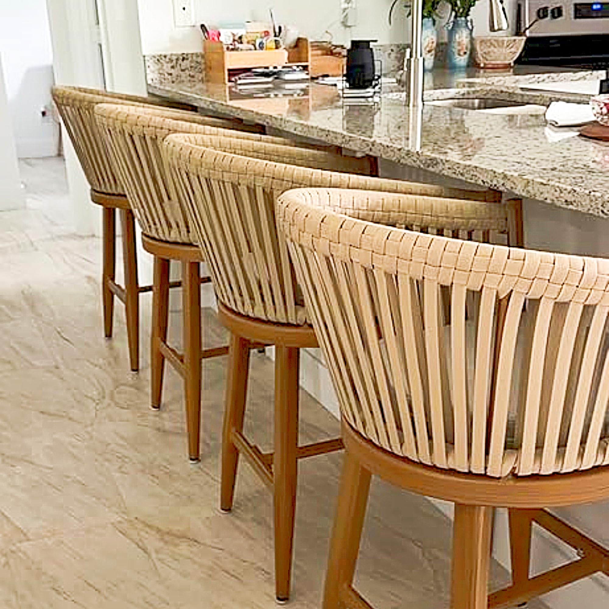 PURPLE LEAF LS04-BC02-SX-WT 2 -Set Teak 24.8-in H Counter height Round seat Upholstered Metal Bar Stool with Arms and Back