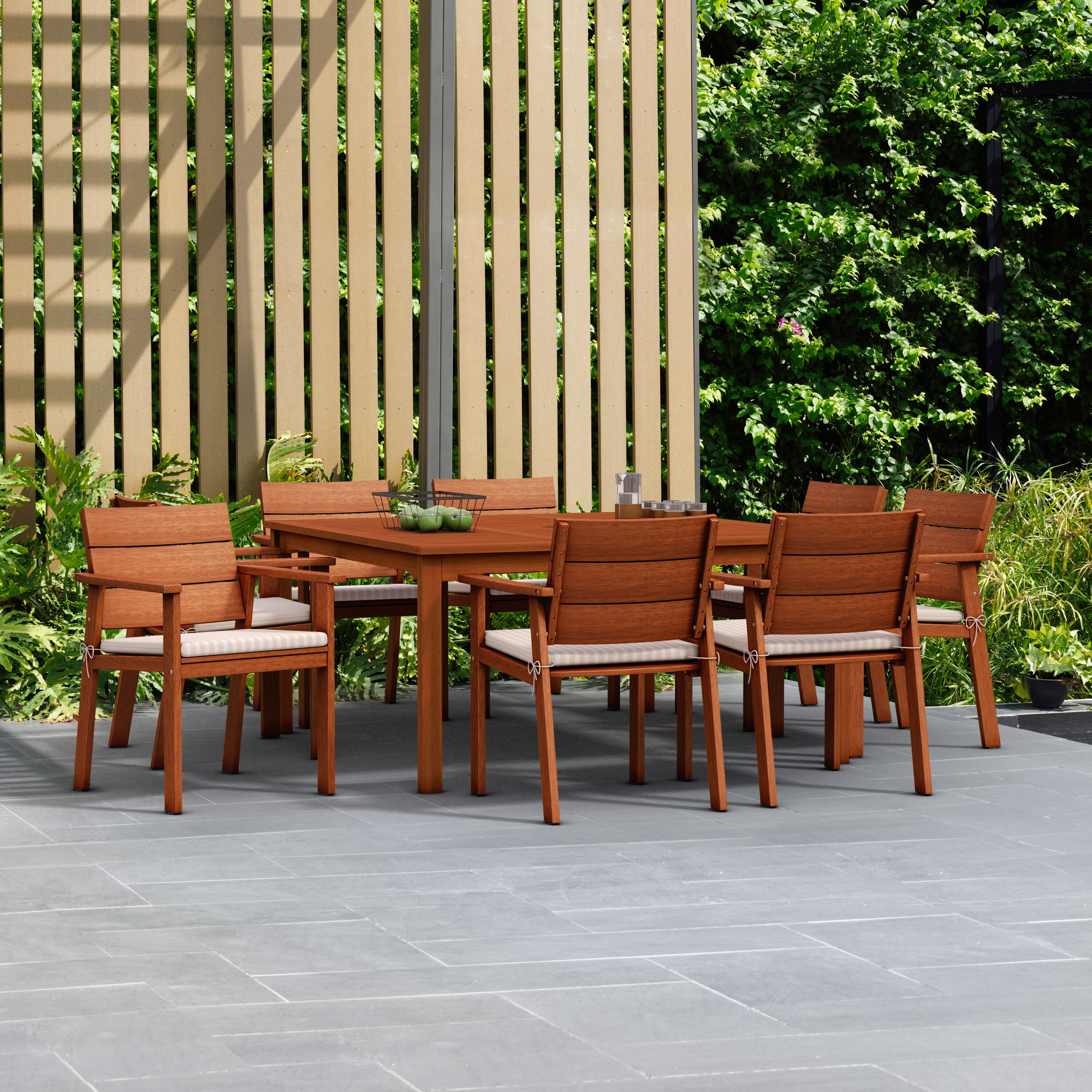 Amazonia LW426-8NEL 9 -Piece Brown Patio Dining Set Wood Square Table with 8 Cushions Stationary Chairs Fire Pit Included