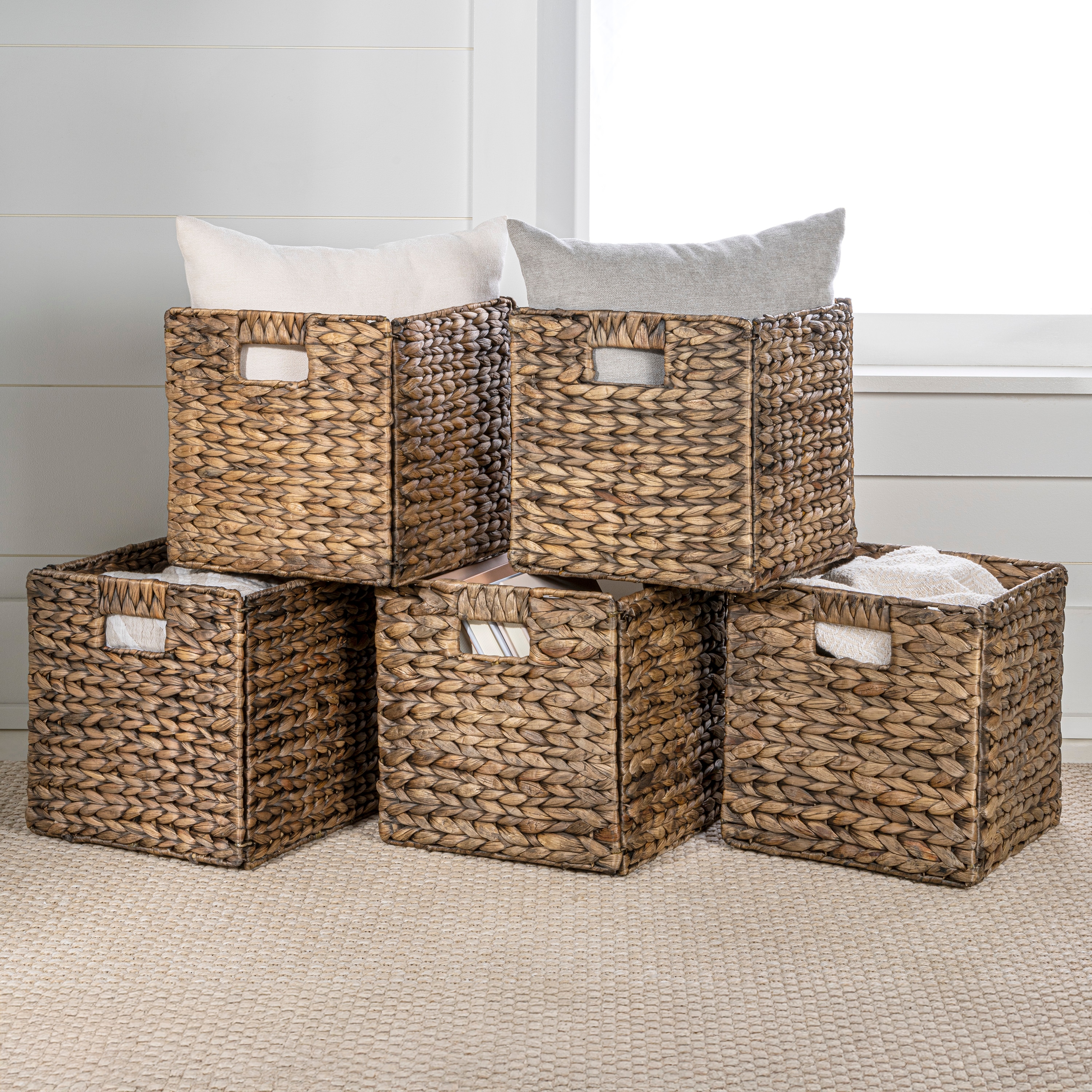 happimess BSK2004B-SET5 5 -Pack Bryce Farmhouse Handwoven Storage Cube ( 10.63-in W x 10.63-in H x 10.63-in D ) Brown Water hyacinth Collapsible Stackable Basket