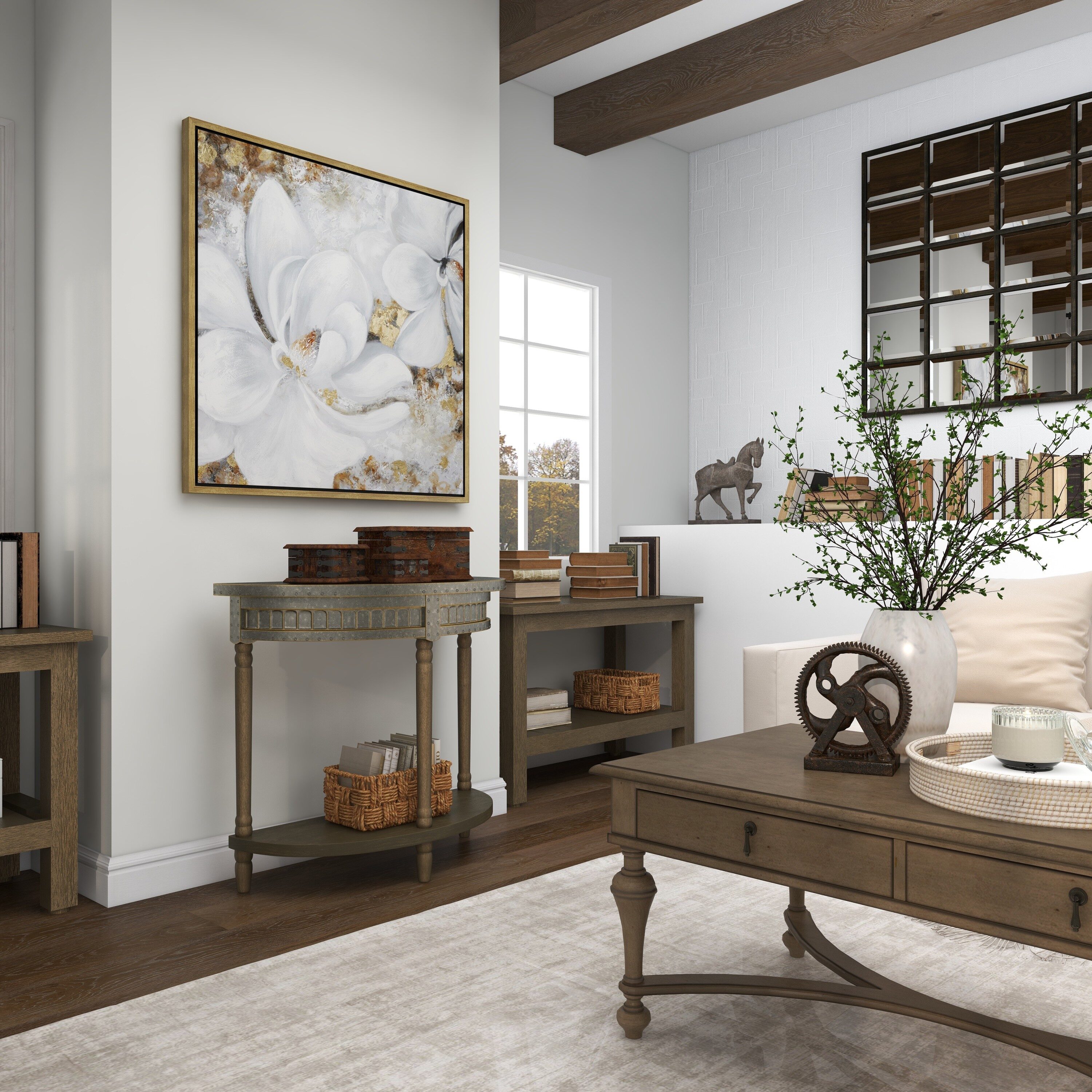 Beige and Gray Metal Wood Half Moon Console Table