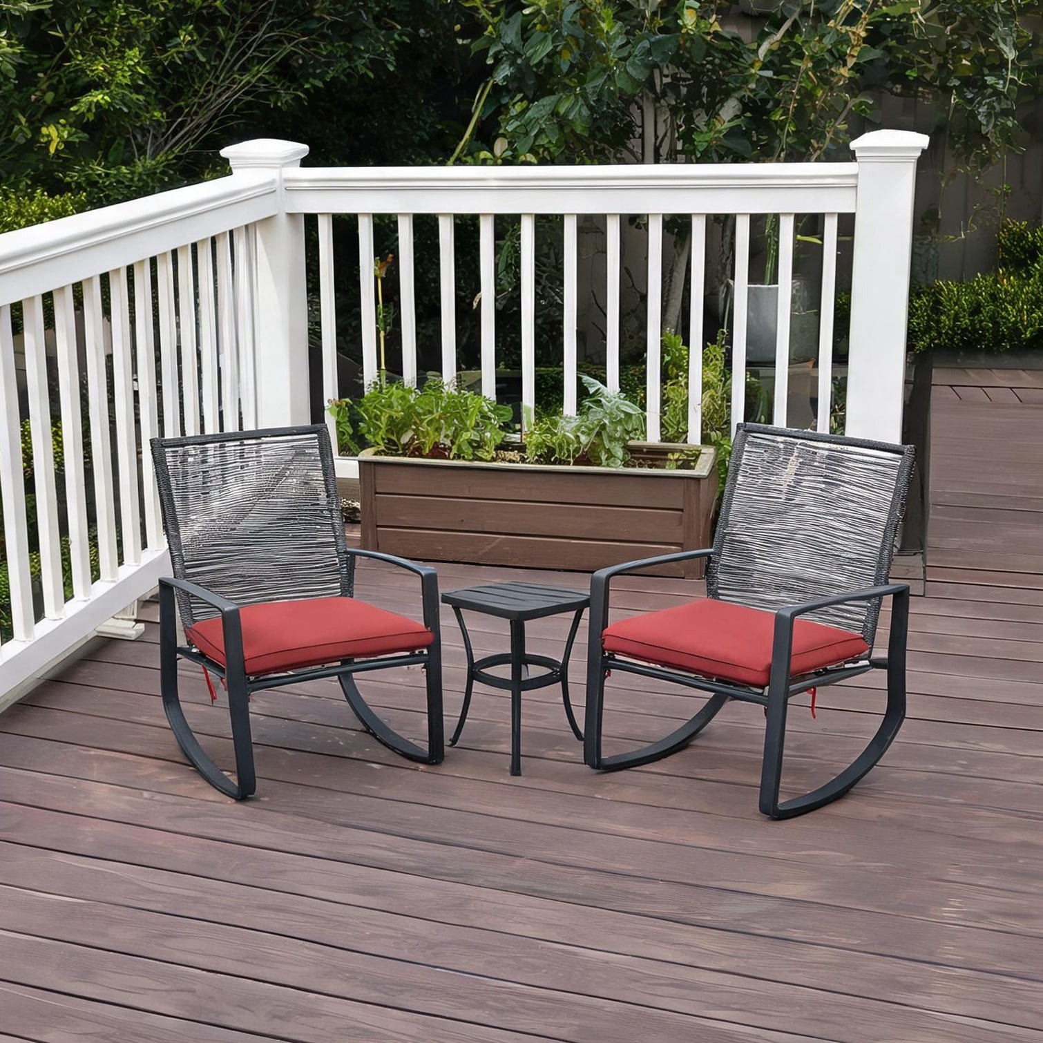 Red Finish Outdoor 2-Person Bistro Rocking Conversation Set - Metal Frame with Rope Seats Compact Patio Set with Table