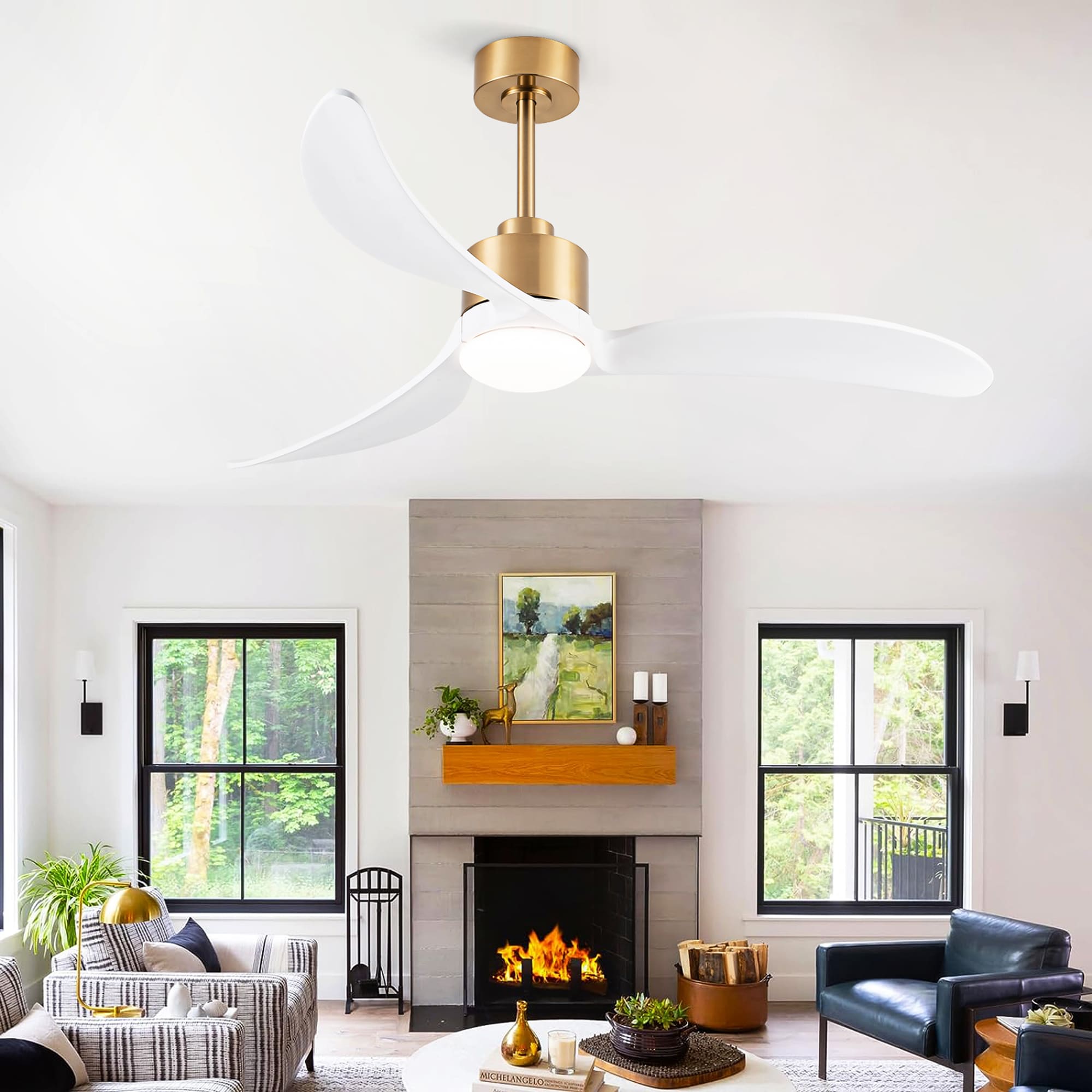 SINOFURN SYC640002BK 52-in Color-Changing Outdoor Gold with Solid Wood Blades Ceiling Fan With Light - Remote Included ( 3 -Blade )