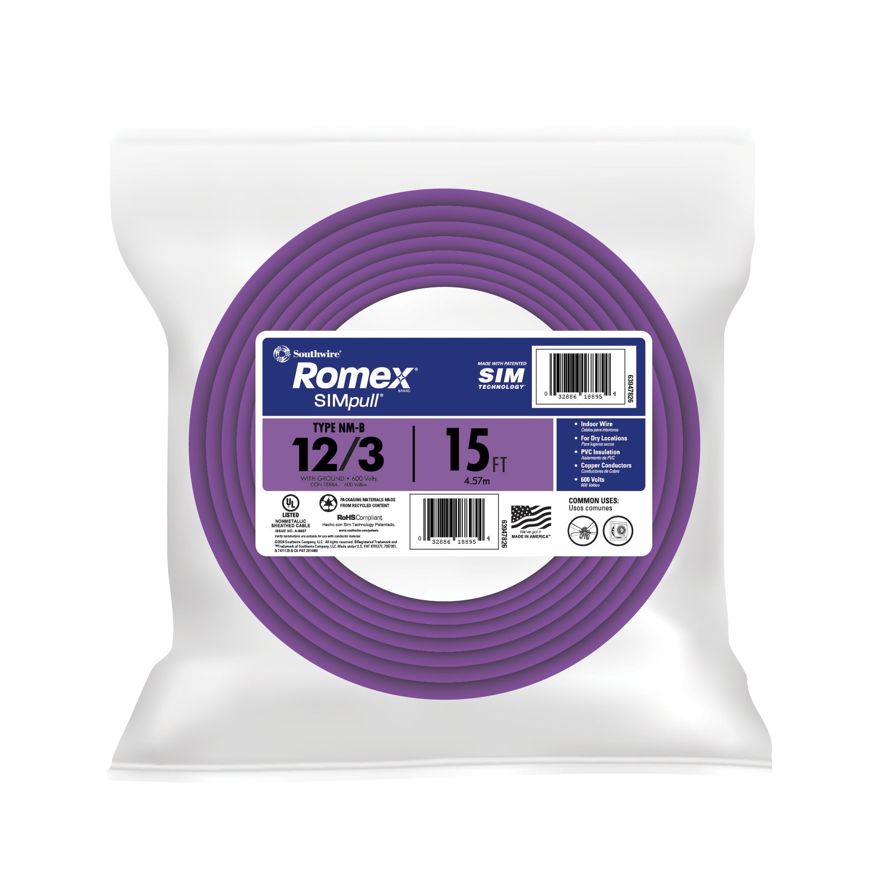 Southwire 63947826 15-ft 12 / 3 / Romex SIMpull Solid Indoor CU NM-B W/G Individual pack ( By-the-roll )
