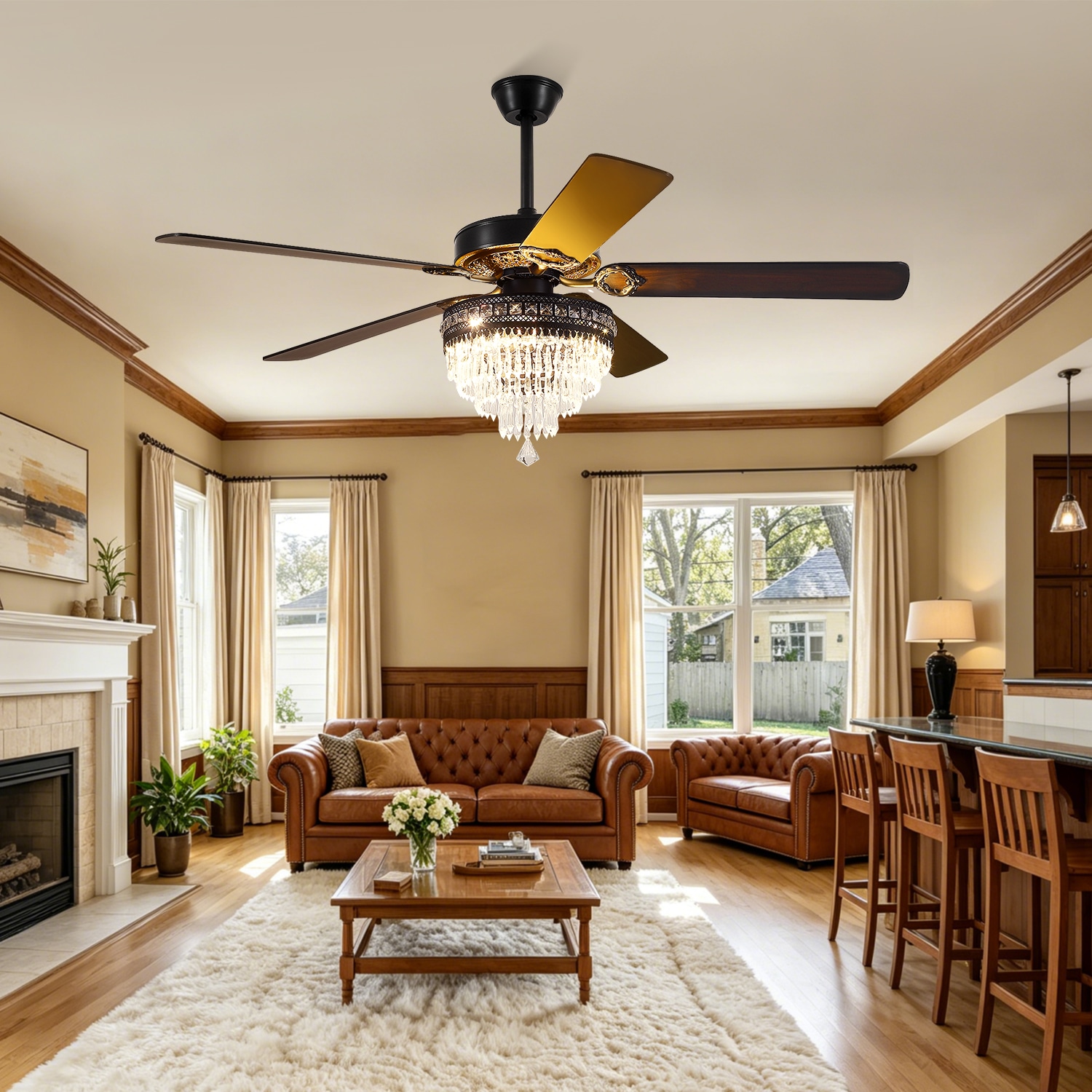 Kviflon 62 in Black Crystal Ceiling Fan with Light Large Modern Chandelier Ceiling Fan Quiet Reversible Motor Remote Control K9 Crystal Indoor Ceiling Fan