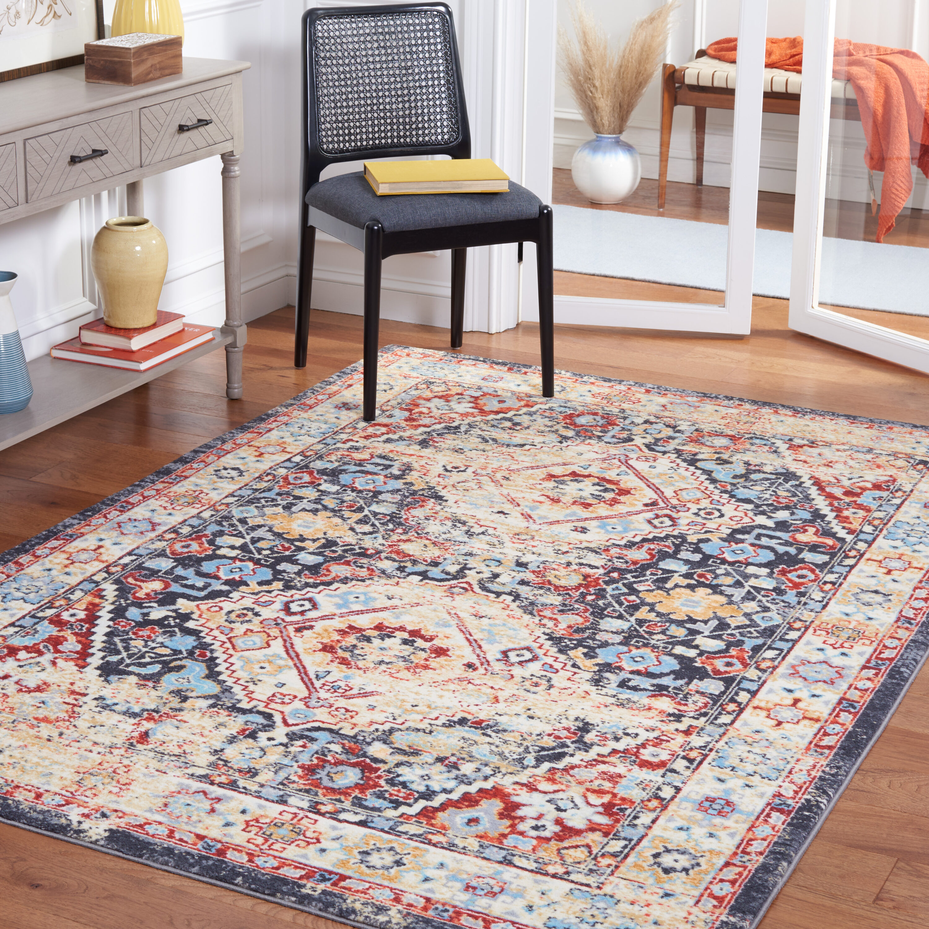 Riviera 8 X 10 Charcoal/Gold Indoor Border Machine Washable Area Rug Polyester in Off-White | - Safavieh RIV157H-8