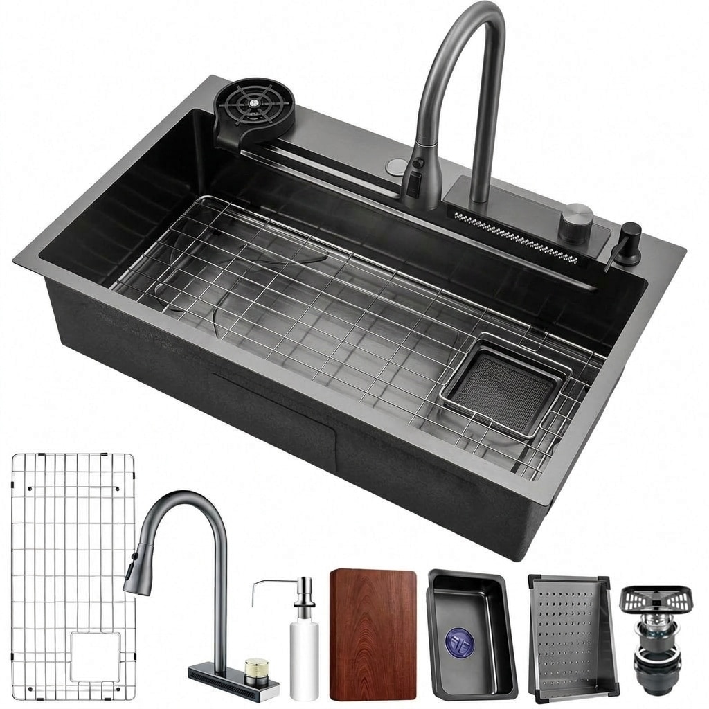 Aoibox  32 in Drop In Single Bowl Black Nano Stainless Steel Waterfall Sink with Pull Out Faucet and 11 Piece Set