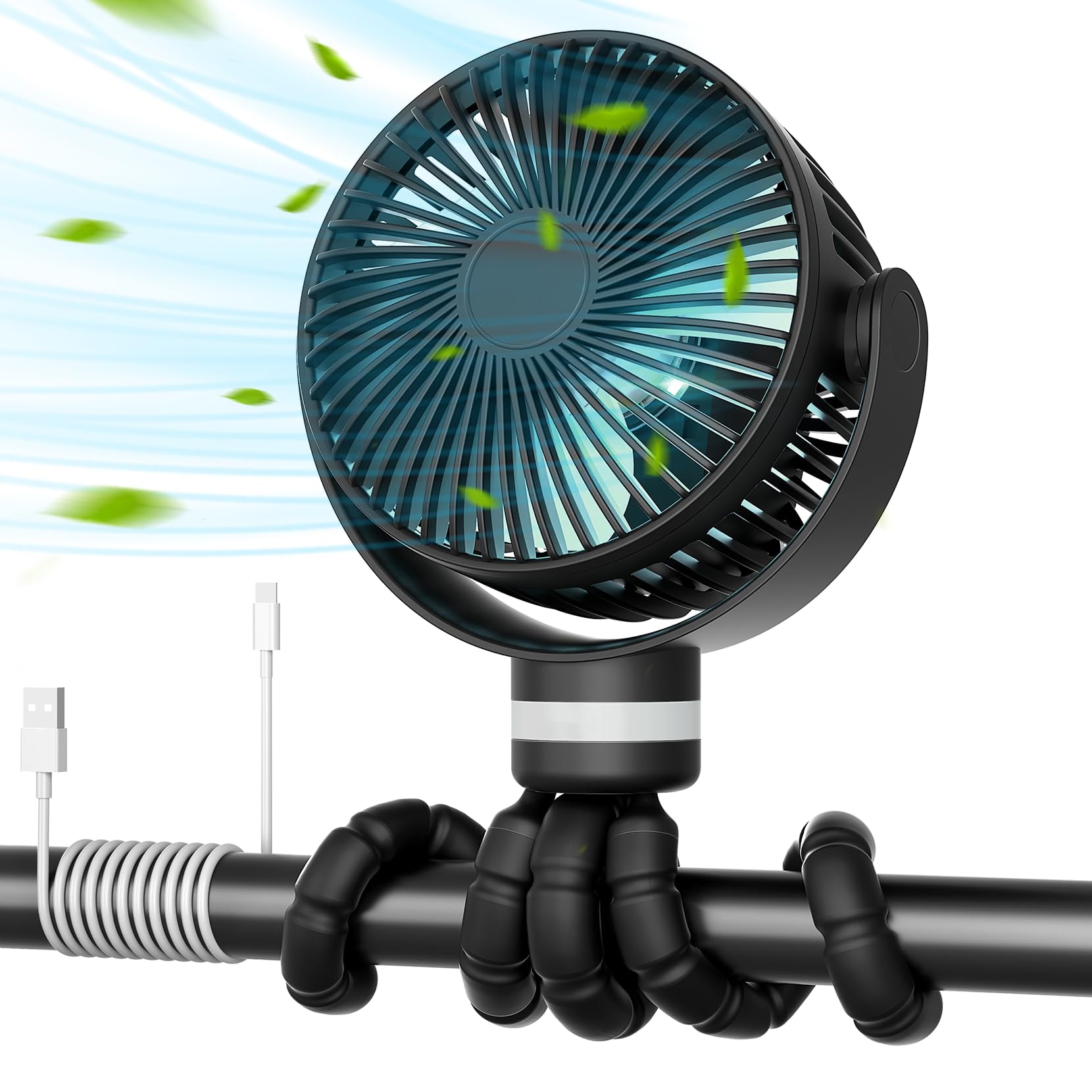 Anqtovp  Portable Stroller Fan 4 Speed 360 Degree Rotating Detachable Head Flexible Tripod 2 Mode LED Night Light USB Rechargeable 1 Piece