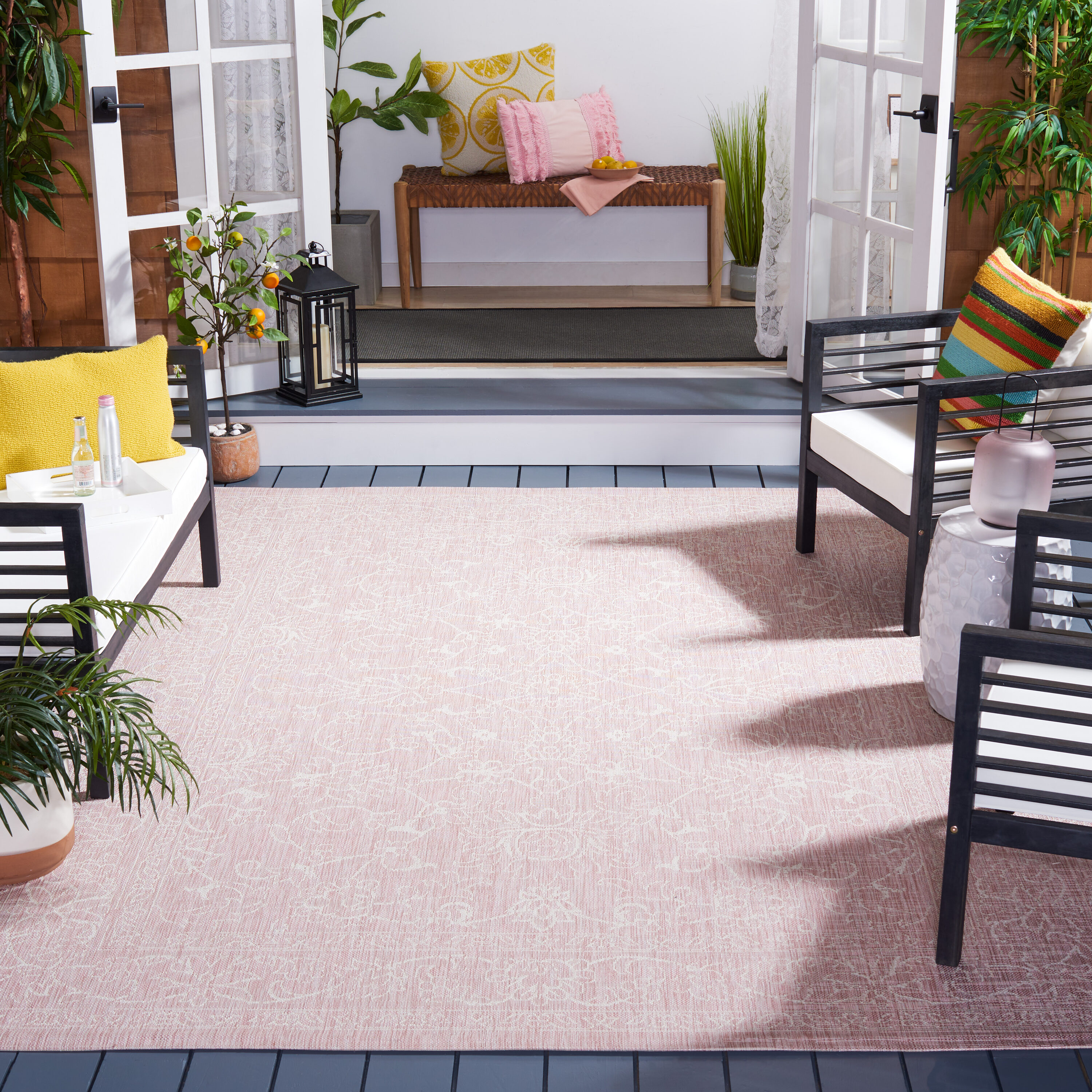 Safavieh CY8680-56221-9 Courtyard 9 x 12 (ft) Loomed Synthetic Soft Pink/Ivory Rectangular Indoor/Outdoor Floral Tropical Area rug