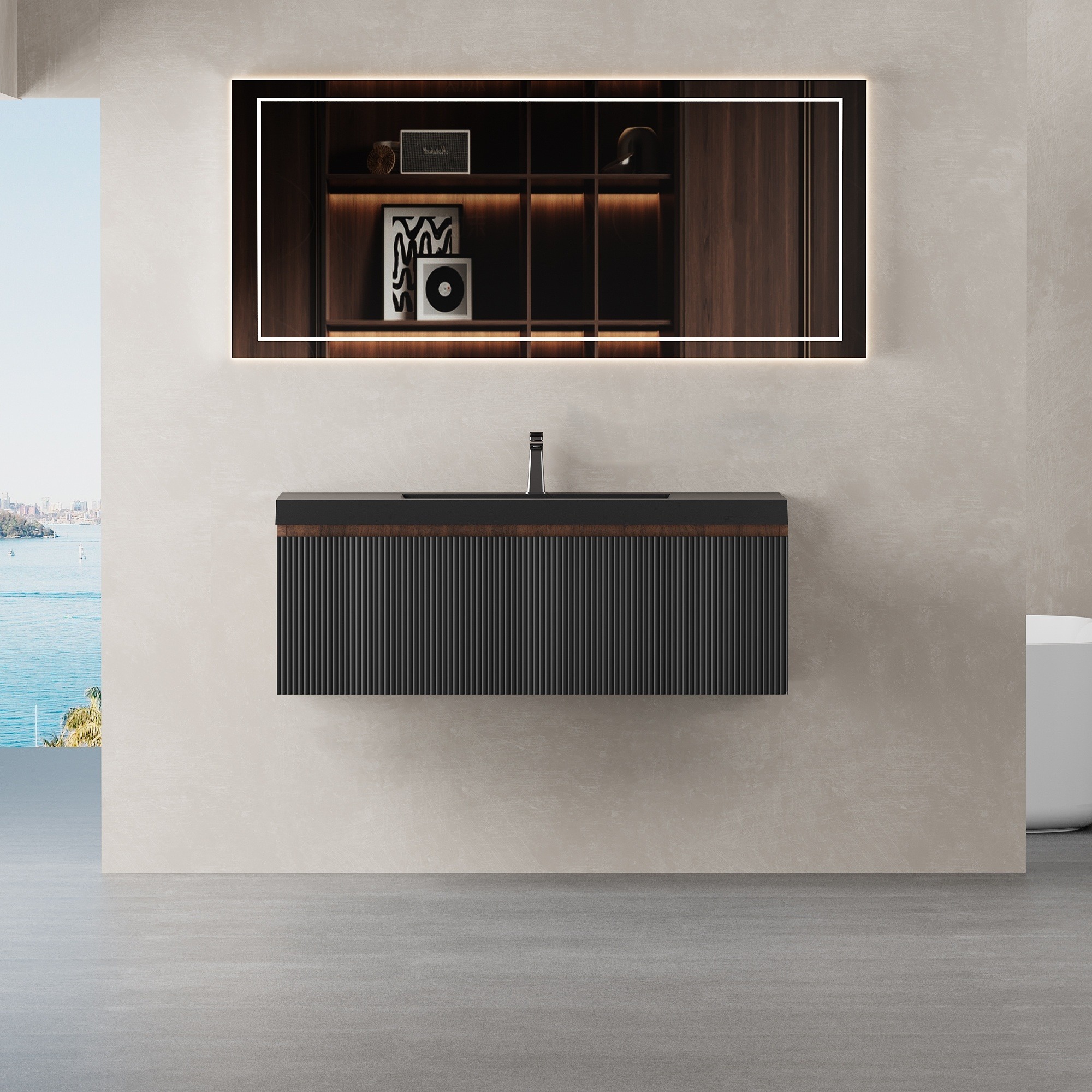 IAK 42 inch Smoked Walnut and Ink Black MDF Wall-Mounted Bathroom Vanity with Sink with Soft-Close Drawers and Black Quartz Sand Basin