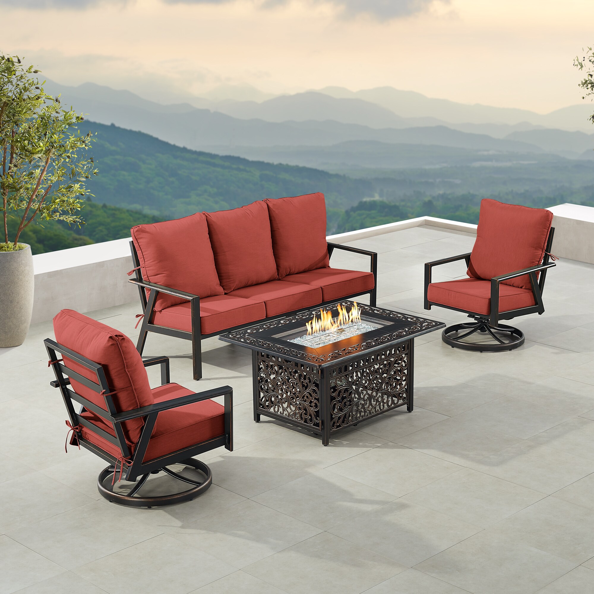 Oakland Living LUX1SF2CHCABOSRDCUA Fire Pit Table Set, Sofa and Two Lounge Chairs 13 -Piece Patio Sofa Conversation Set with Red Cushions