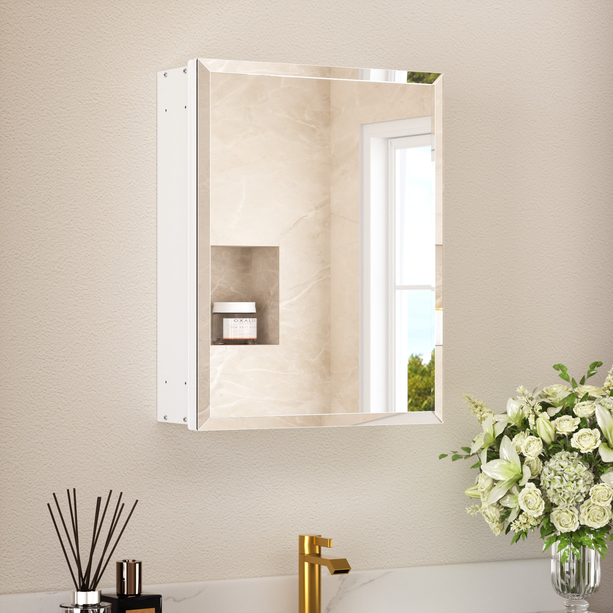 TETOTE - 16 x 20 in White Frameless Surface/Recessed Aluminum Beveled Mirrored Rectangle Medicine...