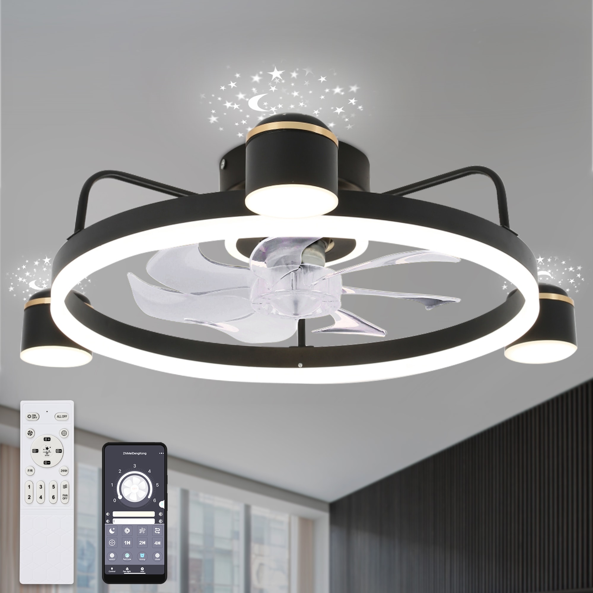 Bella Depot Bedroom 28-in Black with Clear Blades Color-changing Integrated LED Indoor Flush Mount Smart Ceiling Fan with Light and Remote (7-Blade) DC2001 Sansujyuku sansujyuku.com