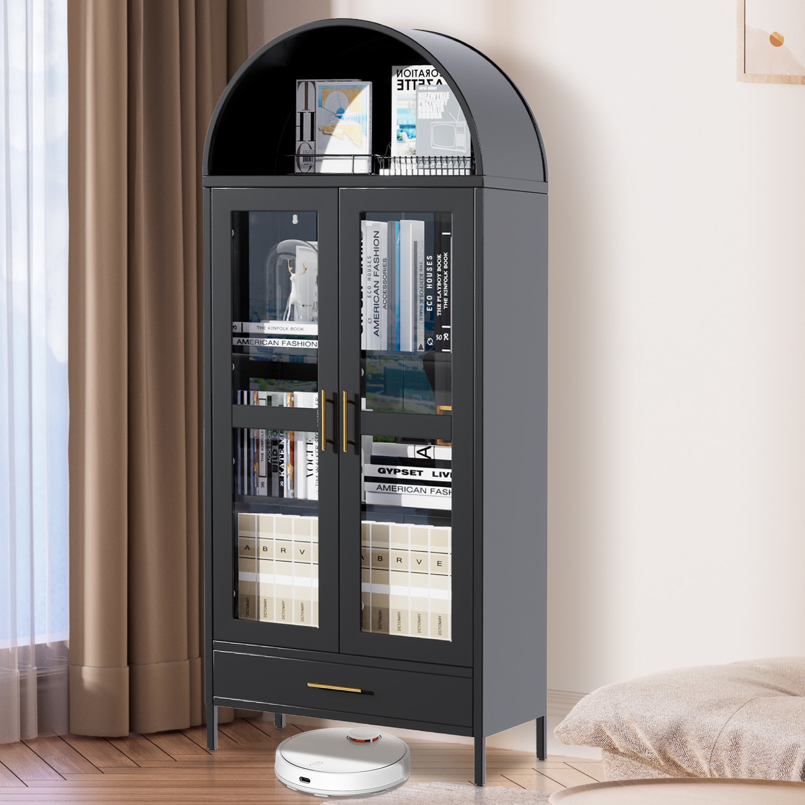 GarveeLife Tall Arched Metal Storage Cabinet with Glass Doors Adjustable Shelves Modern Freestanding Pantry Cabinet Display Bookshelf  Accent Cabinet