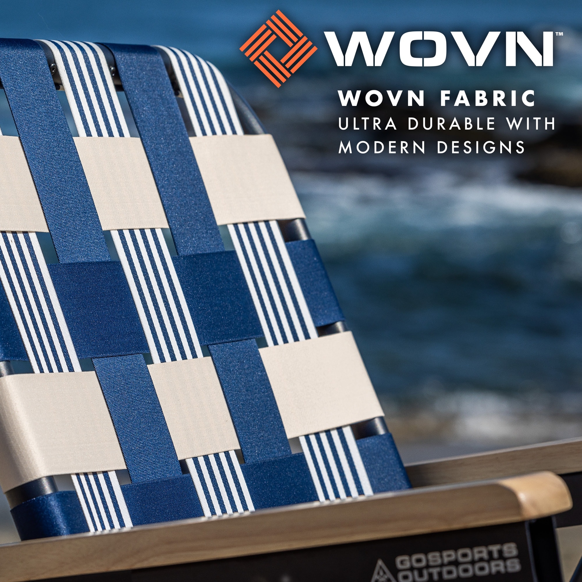 Lido Blue and White Woven Folding Beach Camping Chair with Hardwood Arms