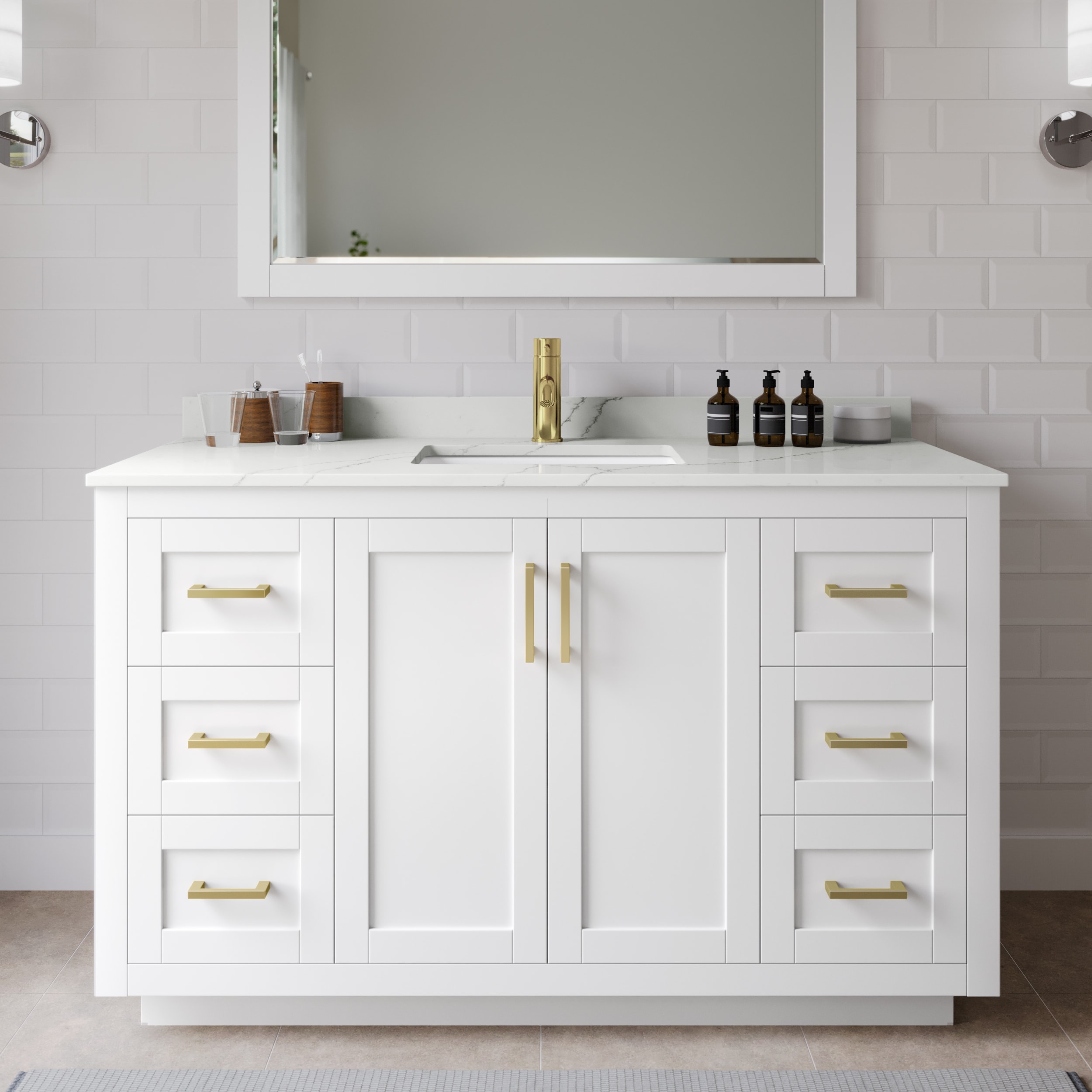 Wyndham Collection WCF292954SWGGTUNSM46 Miranda 54-in White Undermount Single Sink Bathroom Vanity with Giotto Quartz Top (Mirror Included)