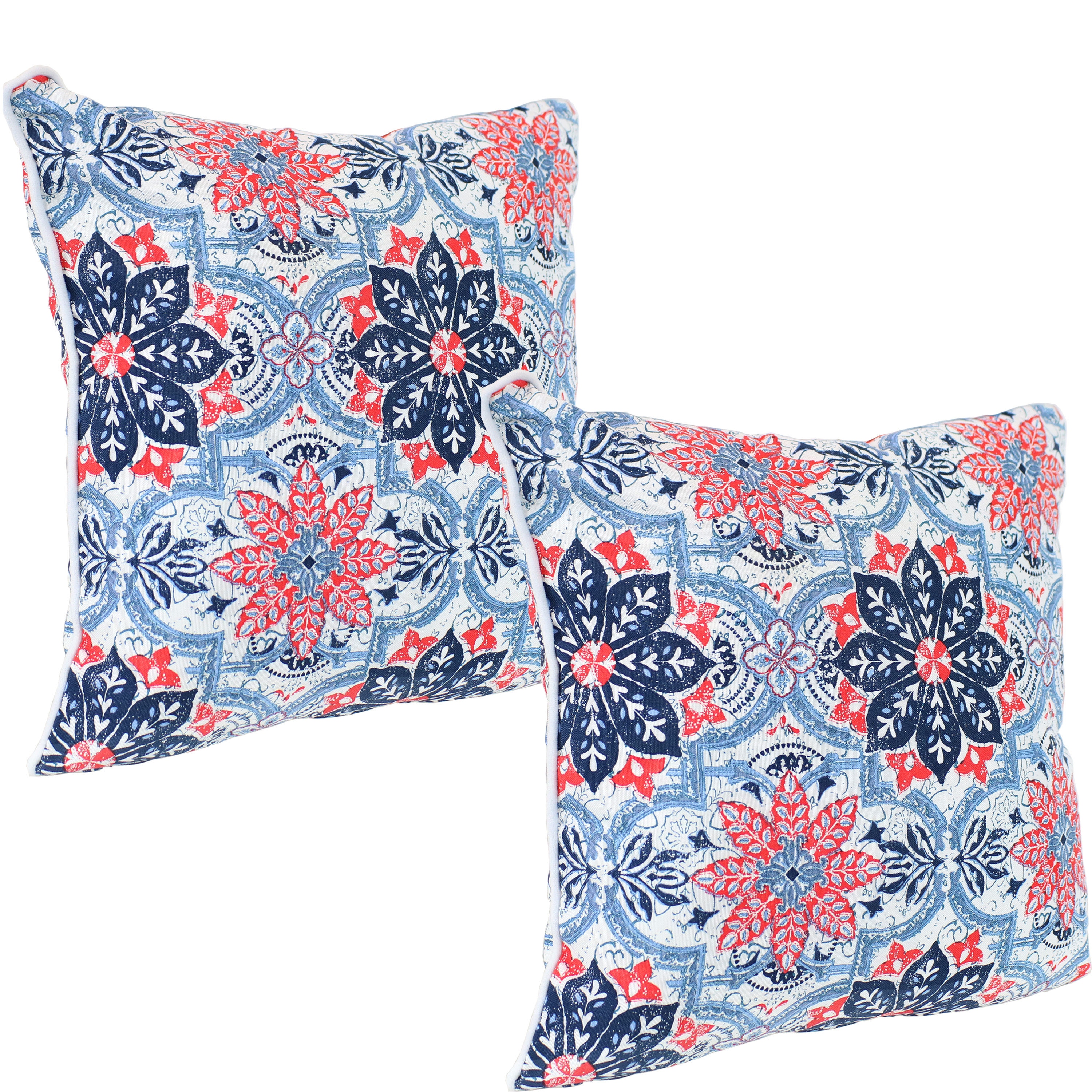 16" x 16" Blue and Red Floral Polyester Square Outdoor Throw Pillows, Set of 2
