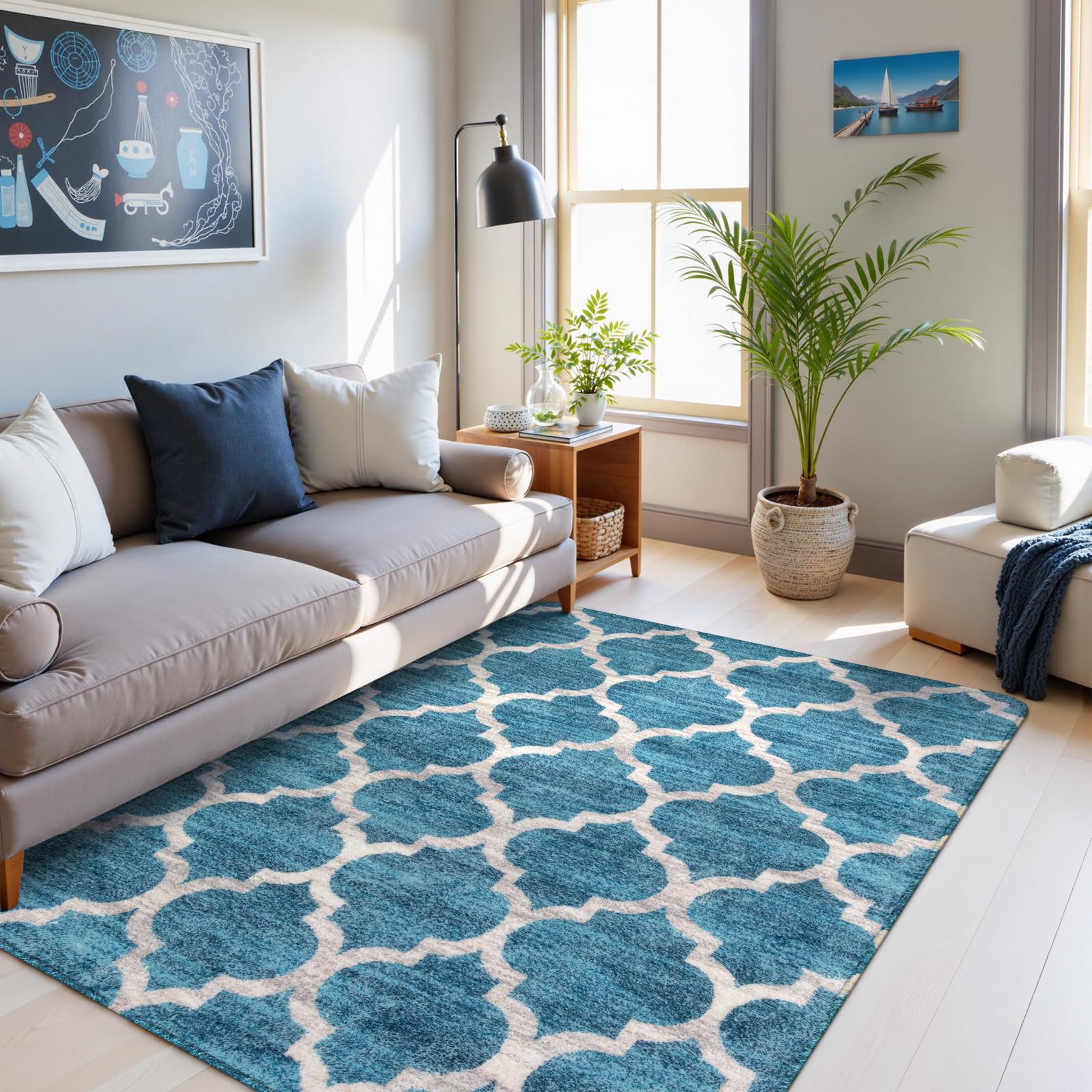 Lahome AR-FYR-005-BL3 5 x 7 (ft) Blue Moroccan Short Pile Velvet Rectangular Indoor Area Rug