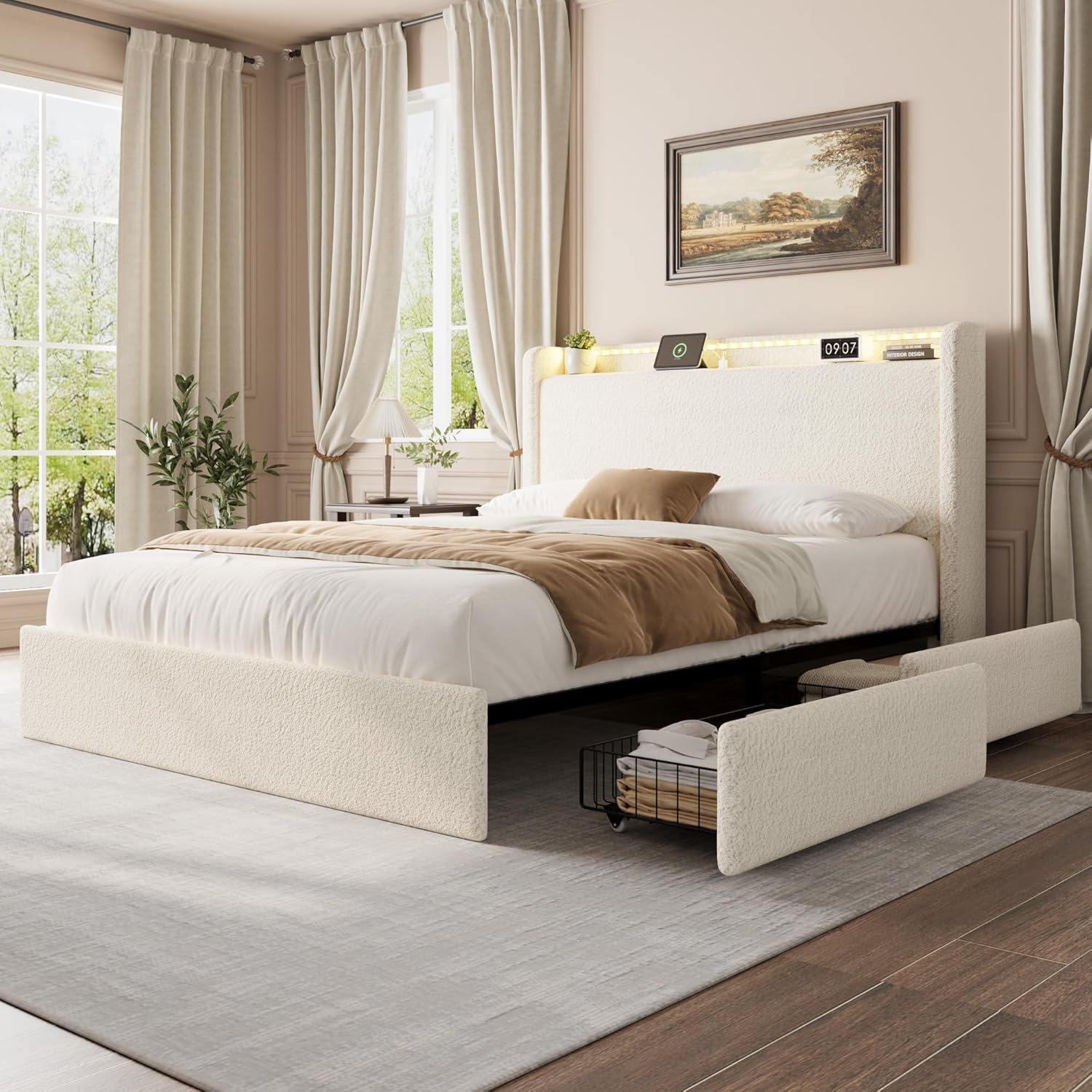 Qeetex LHF-BED-PHK-338SP7SG Queen Size Boucle Bed Frame with Charging Station and LED Lights Platform Upholstered Bed Frame with 4 Storage Drawers and Storage Headboard No Box Spring Needed Wood Slats Noise-Free Beige