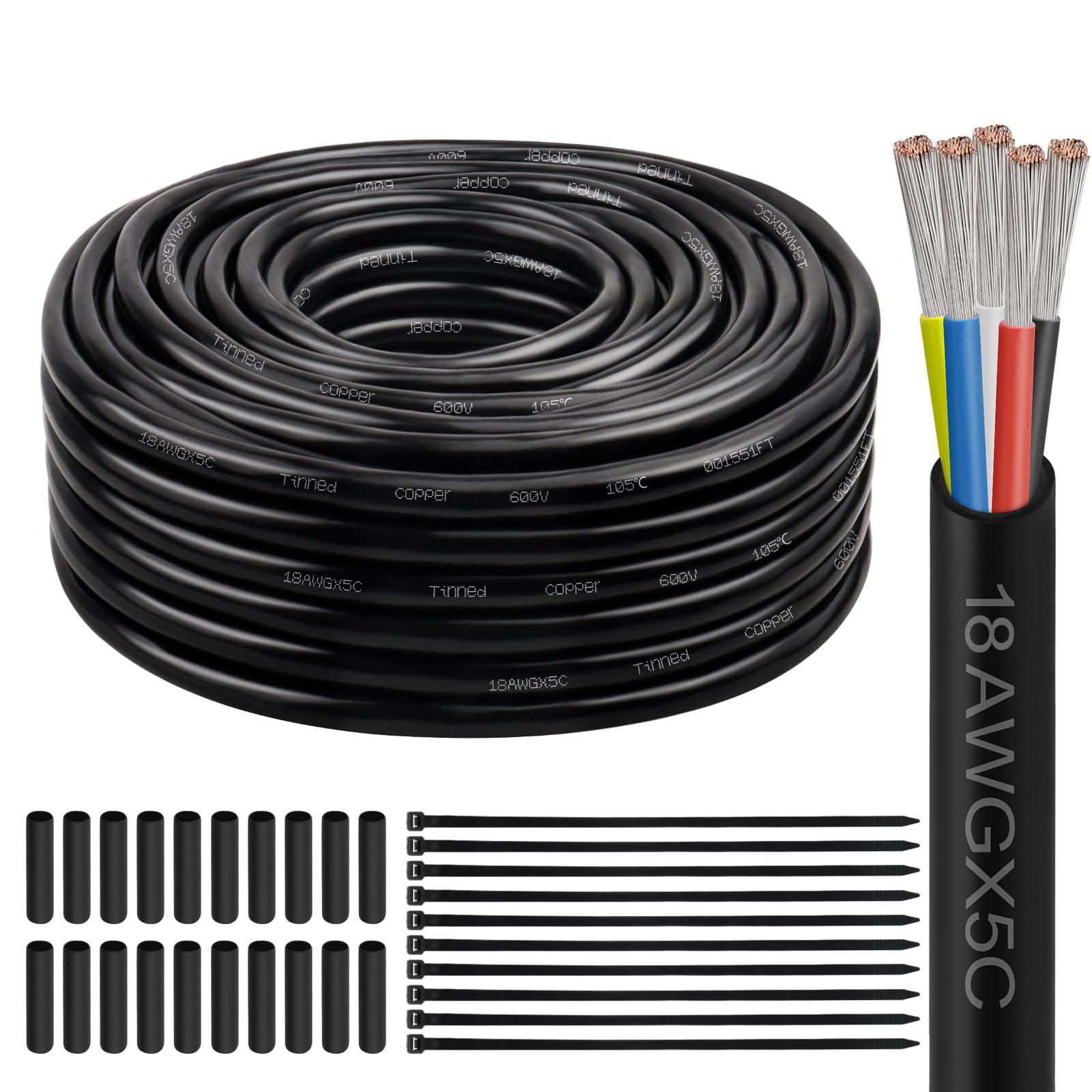 Afoxsos 18 Gauge 5 Conductor Electrical Wire High Performance Tinned ...