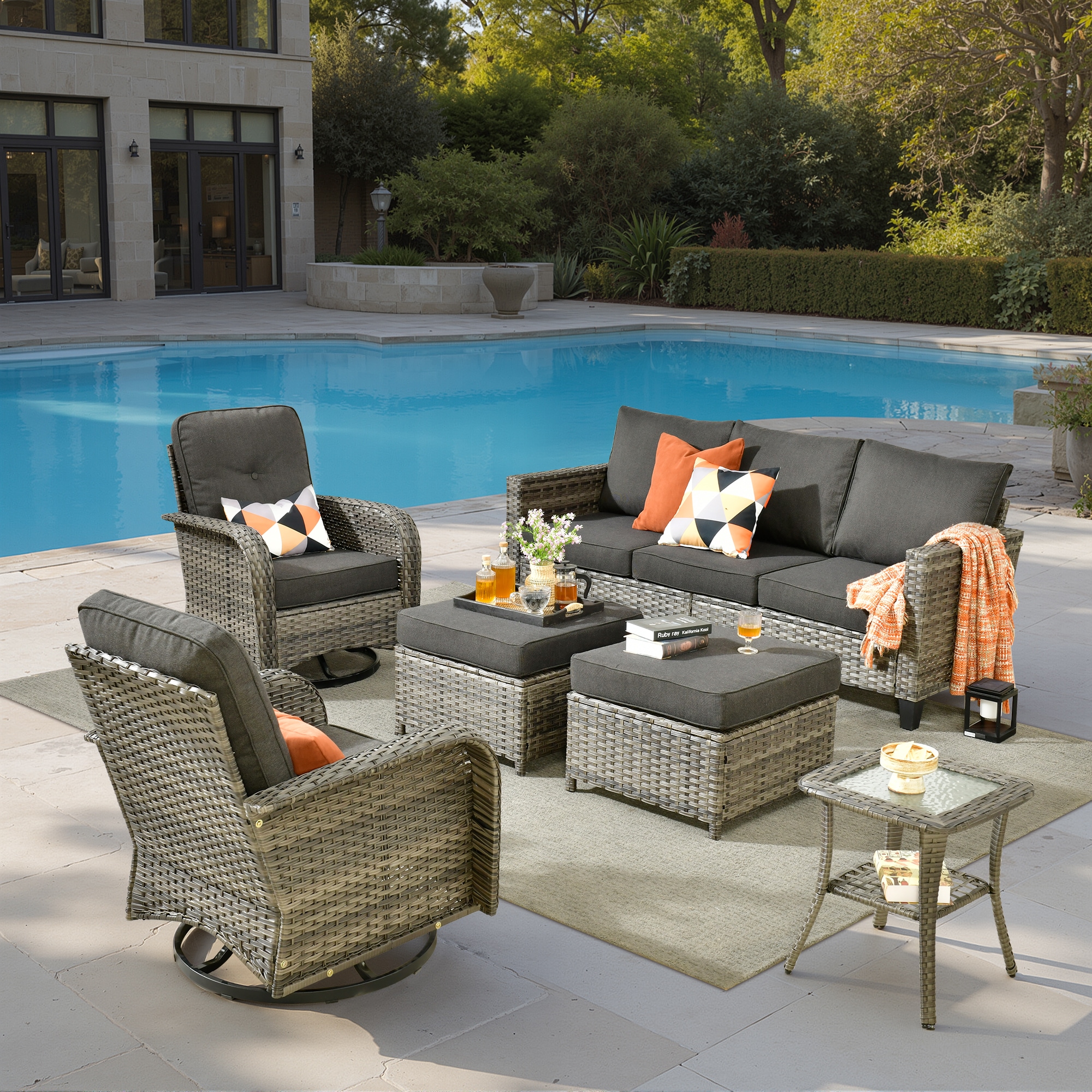 ALTRIGUS 6LYZGNCNEWGRS10061AL 6 -Piece Wicker Patio Sofa Conversation Set with Black Cushions