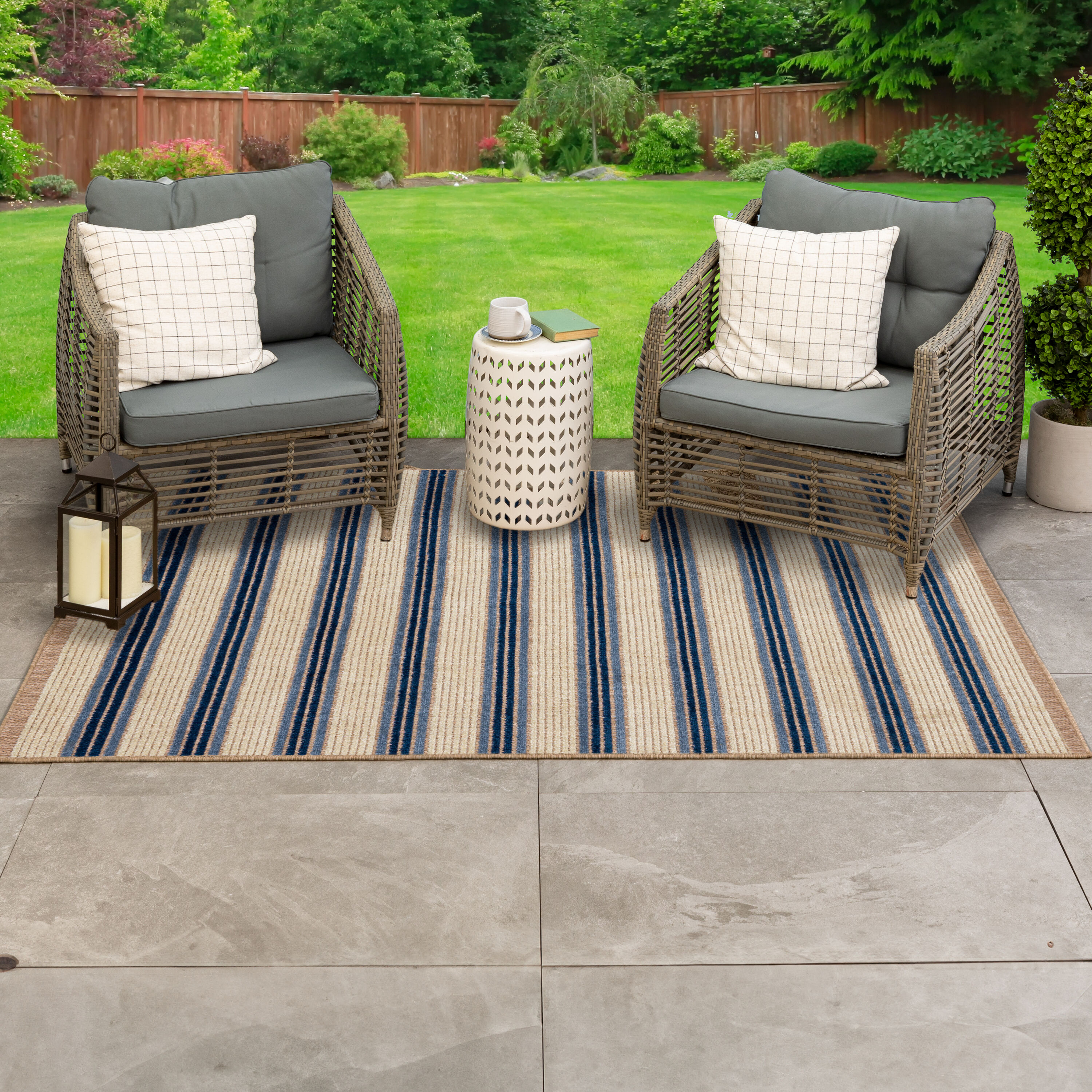 allen + roth with STAINMASTER R1344 846 063090 Cabana 5 x 7 (ft) Loomed Blue Rectangular Outdoor Stripe Pet Friendly Area rug