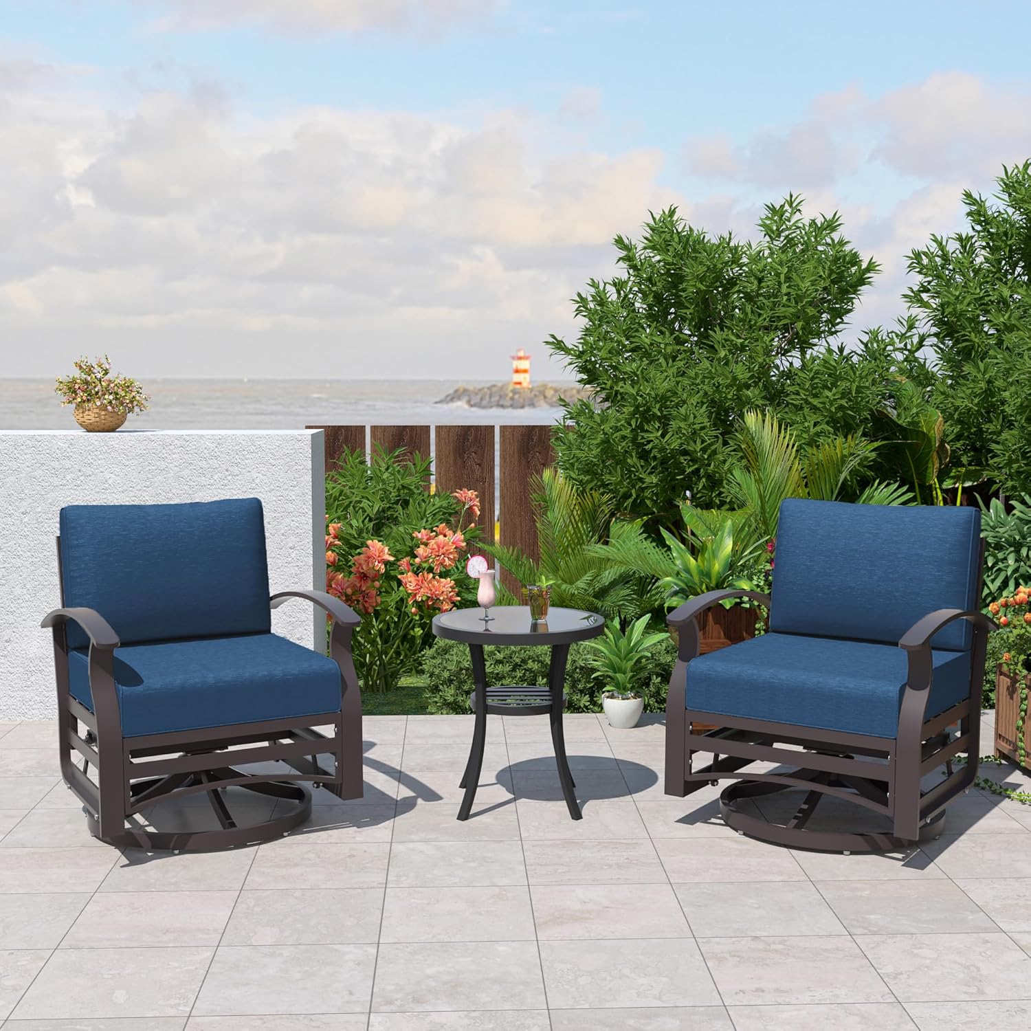 ALAULM LS-ASR-NAVY Aluminum Swivel Rocking Chair Set Set of 2 Brownish Black Aluminum Frame Swivel rocker Rocking Chair with Blue Solid Seat