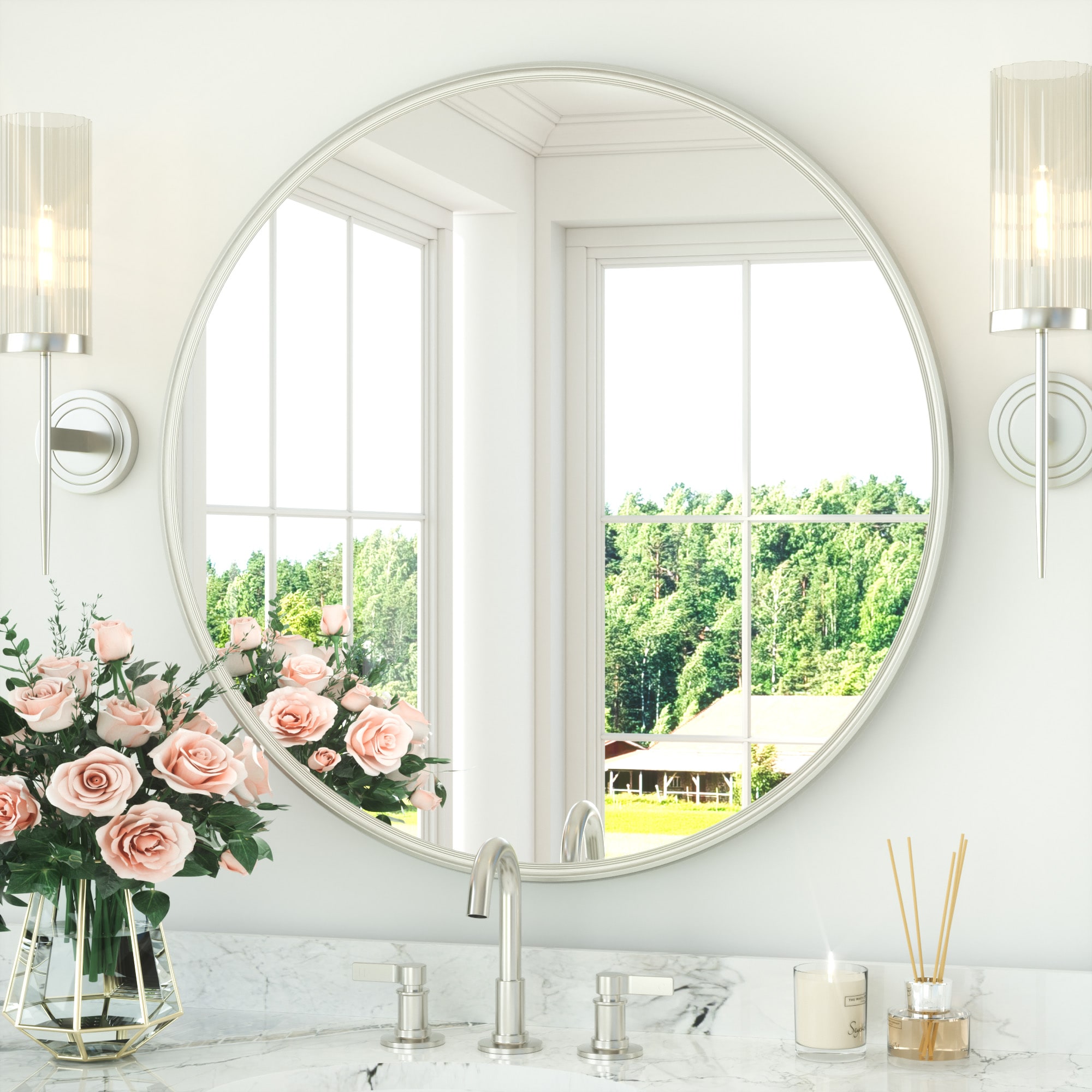 Keonjinn 32-in W x 32-in H Round Brushed Nickel Beveled Wall Mirror #LW-YX18-R81NI