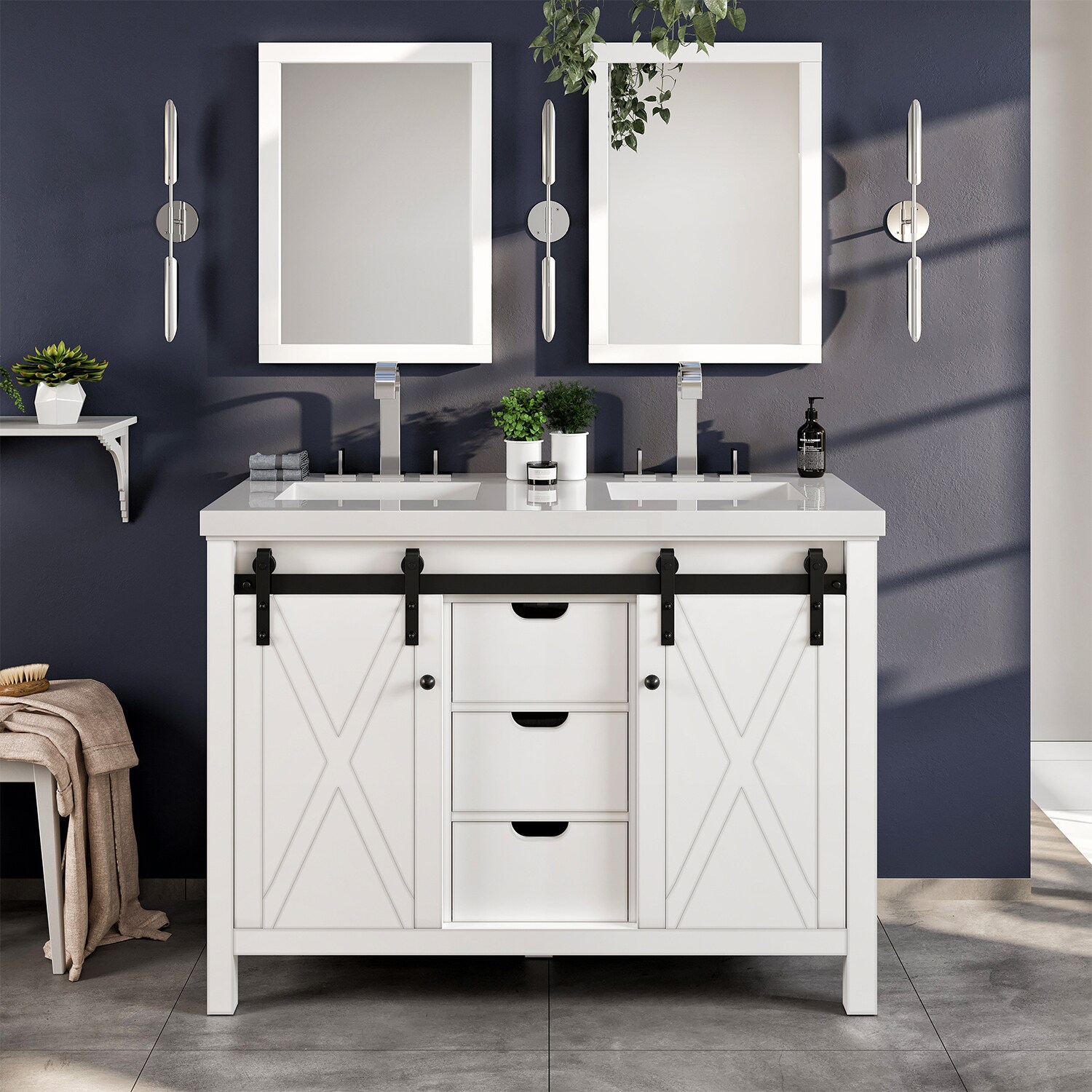 Eviva EVVN529-48WHW-DS  Dallas 48 White Double Sink Bathroom Vanity with White Top